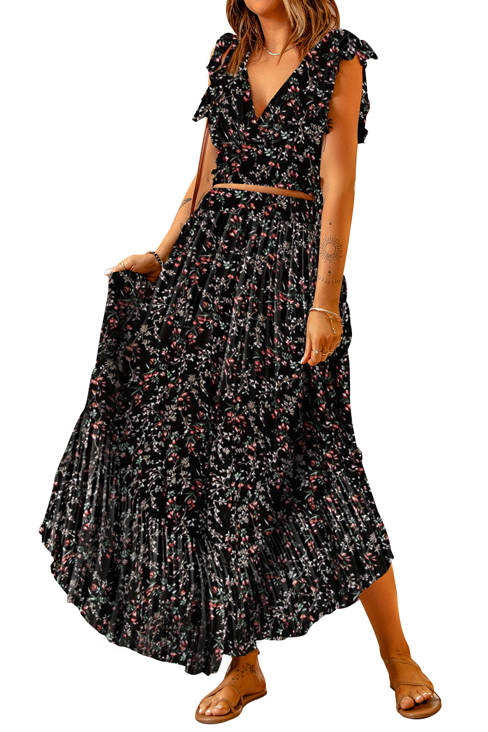 Ditsy Floral Print Ruffled Crop Top & Flounce Hem Maxi Skirt Set