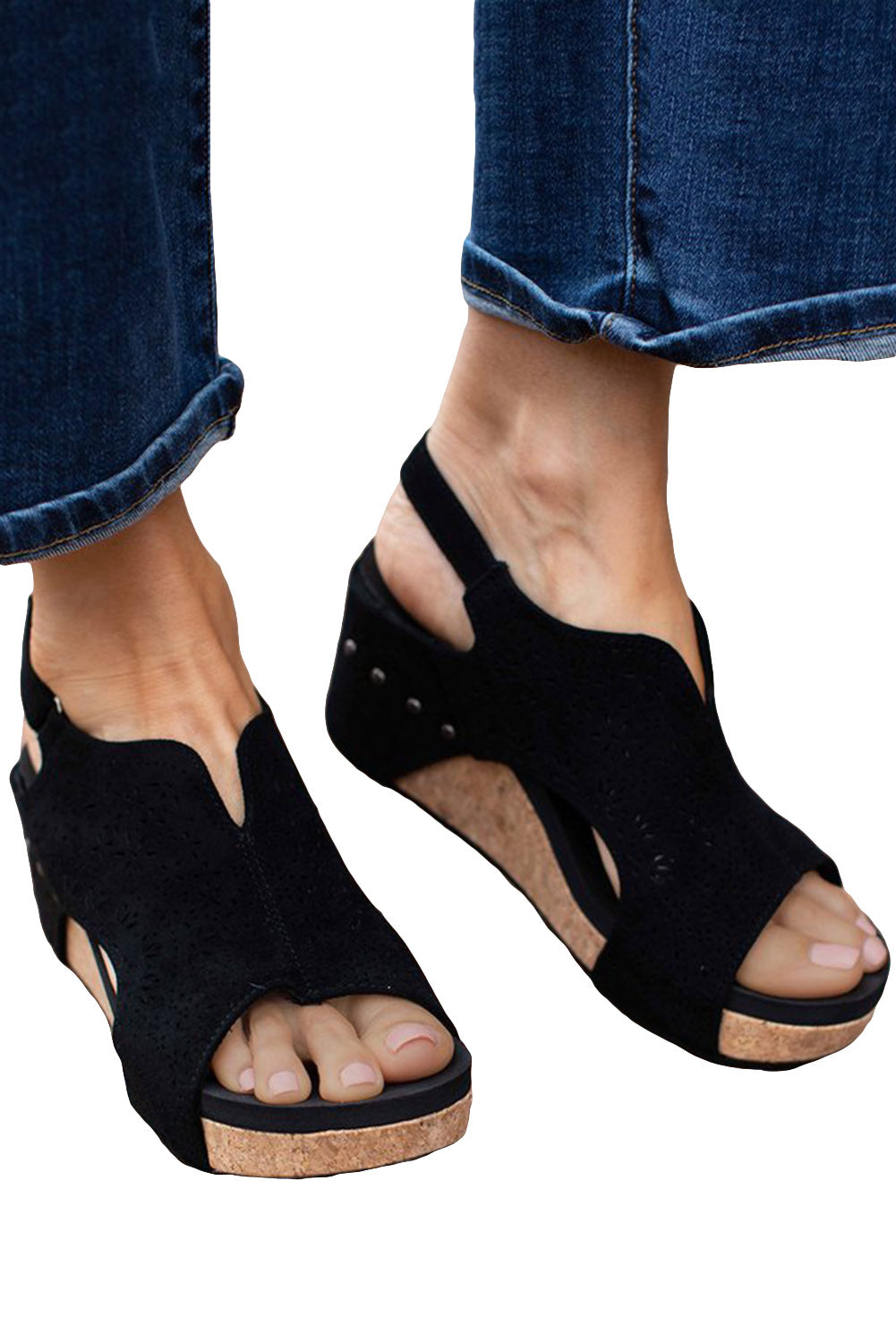 Leather Hollow Out Open Toe Wedge Sandals