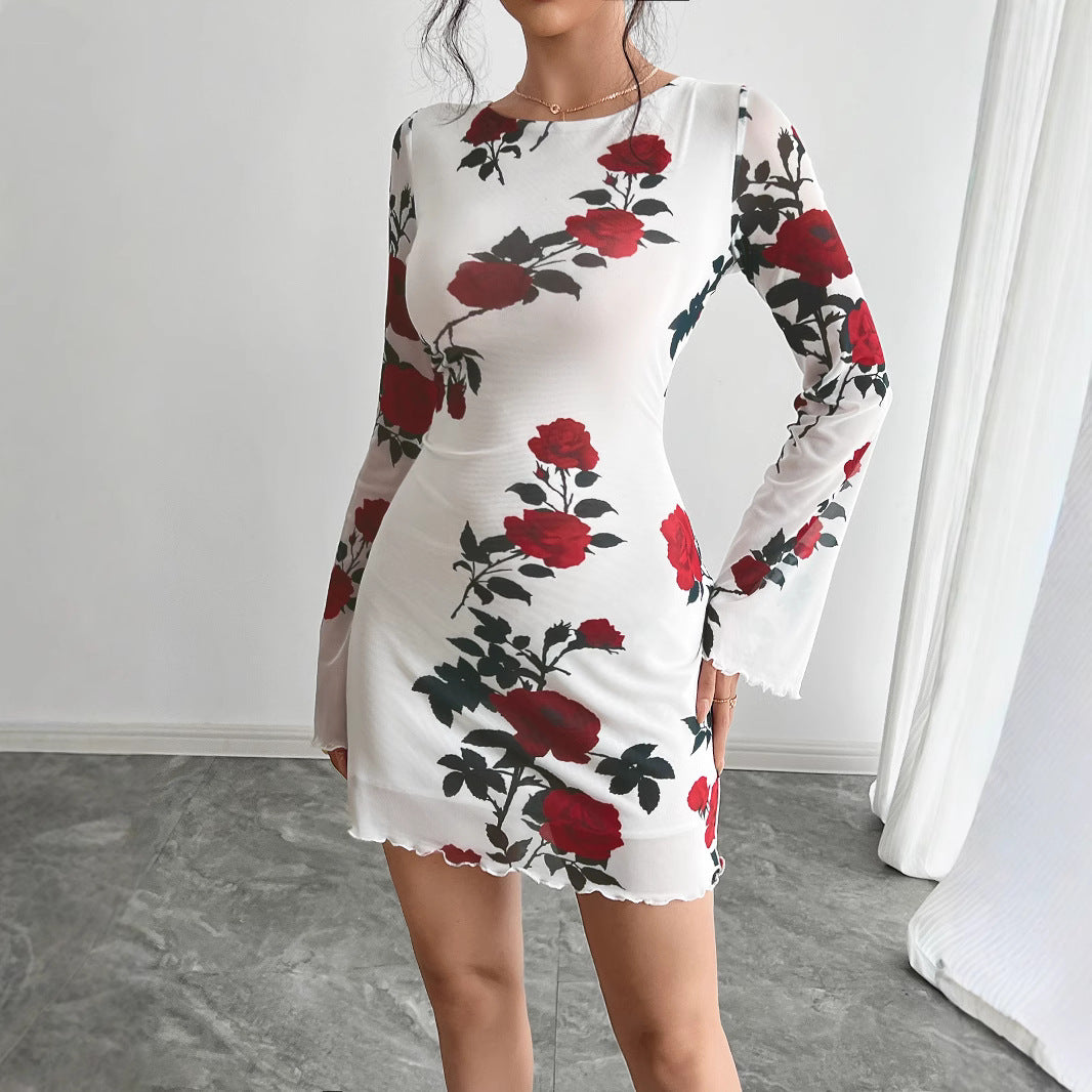 Spring Summer Lady Sexy Floral Backless Gauzy Bell Sleeve Mini Dress