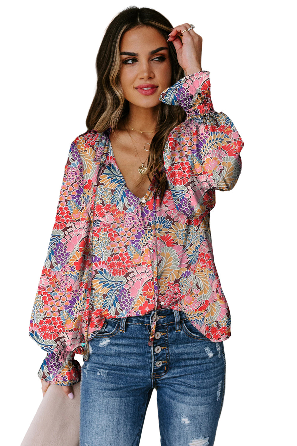Pink Floral Print Bohemian Button Tie Front Blouse