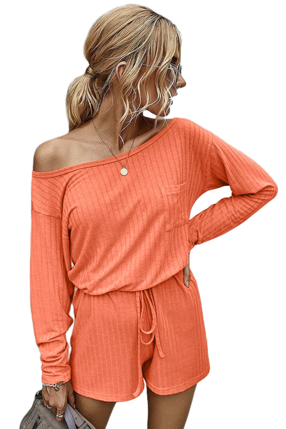 Ribbed Drawstring Waist Long Sleeve Romper