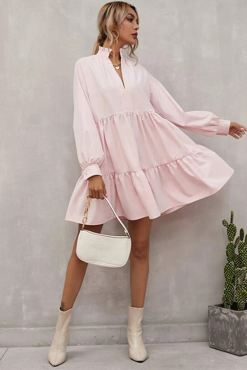 Frilled Collar Long Sleeve Ruffle Dress