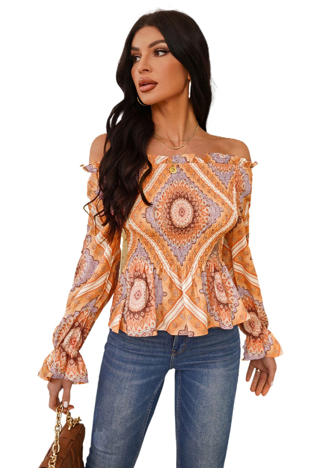 Paisley Print Smocked Off Shoulder Top