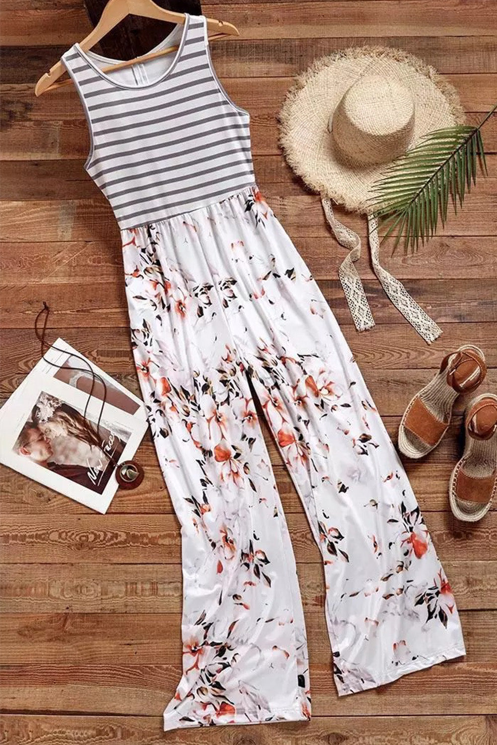 Striped Floral Pocket Sleeveless Jumpsuit With Pockets