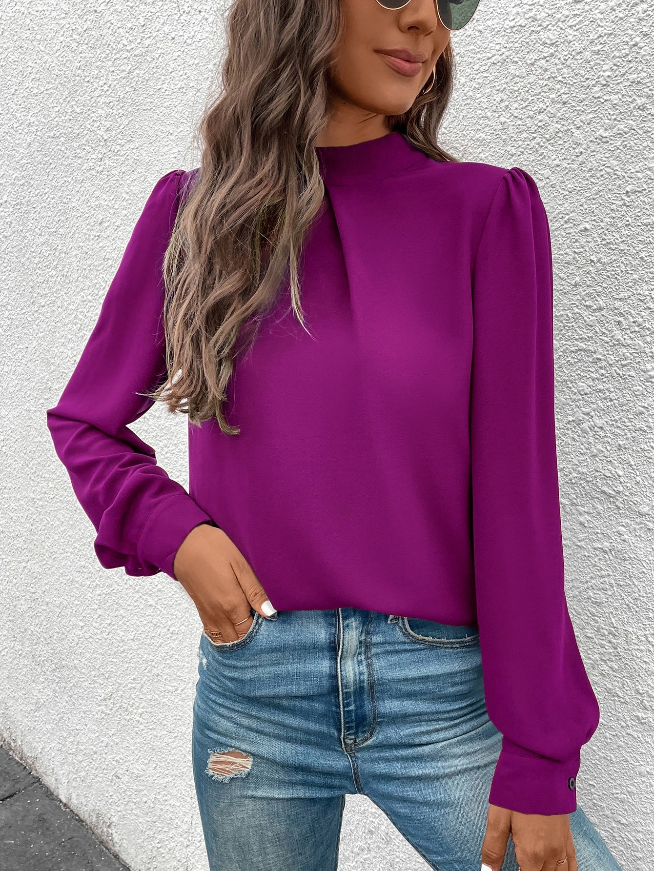 Solid Mock Neck Puff Sleeve Blouse