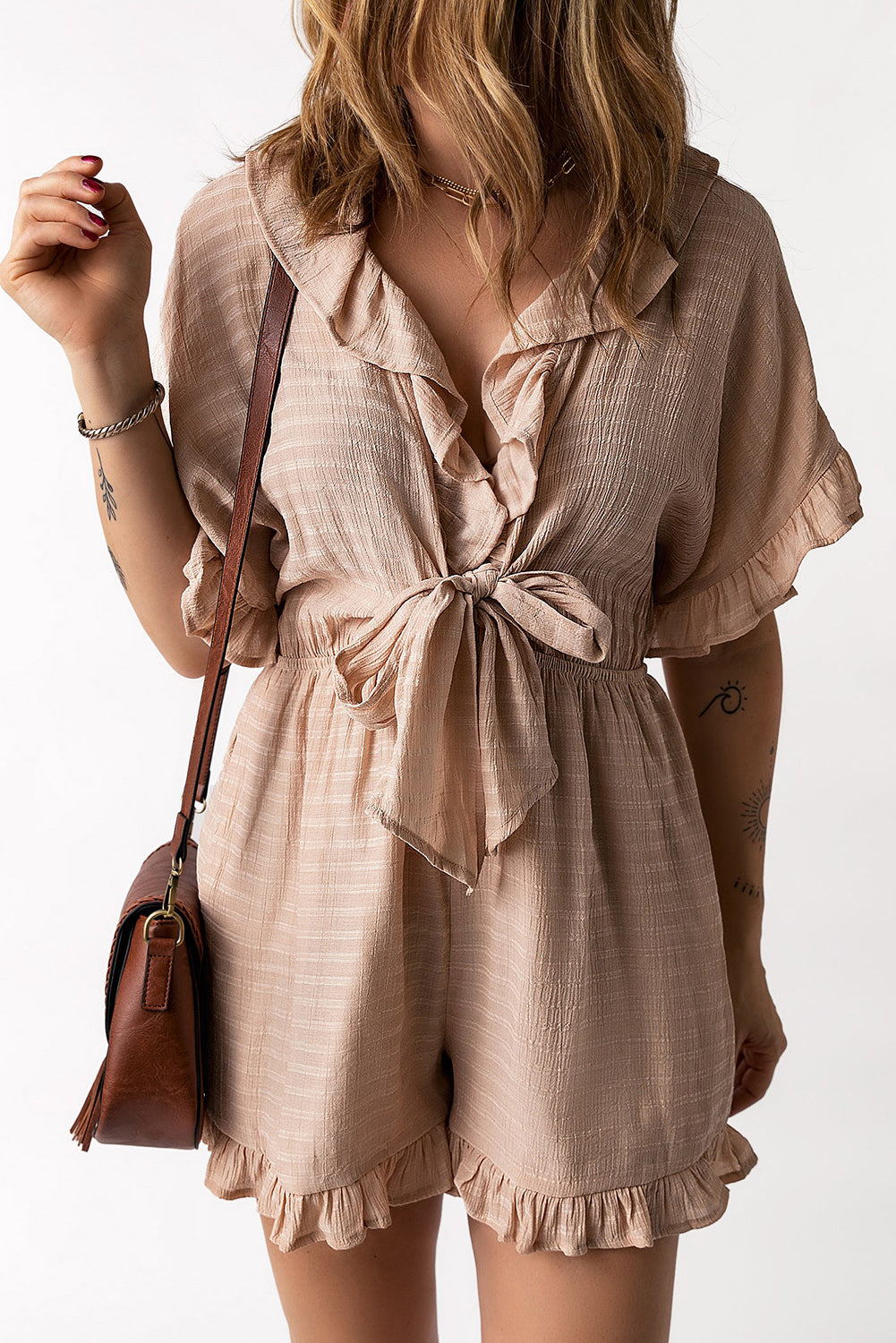 Striped Tie Ruffled Romper with Pockets