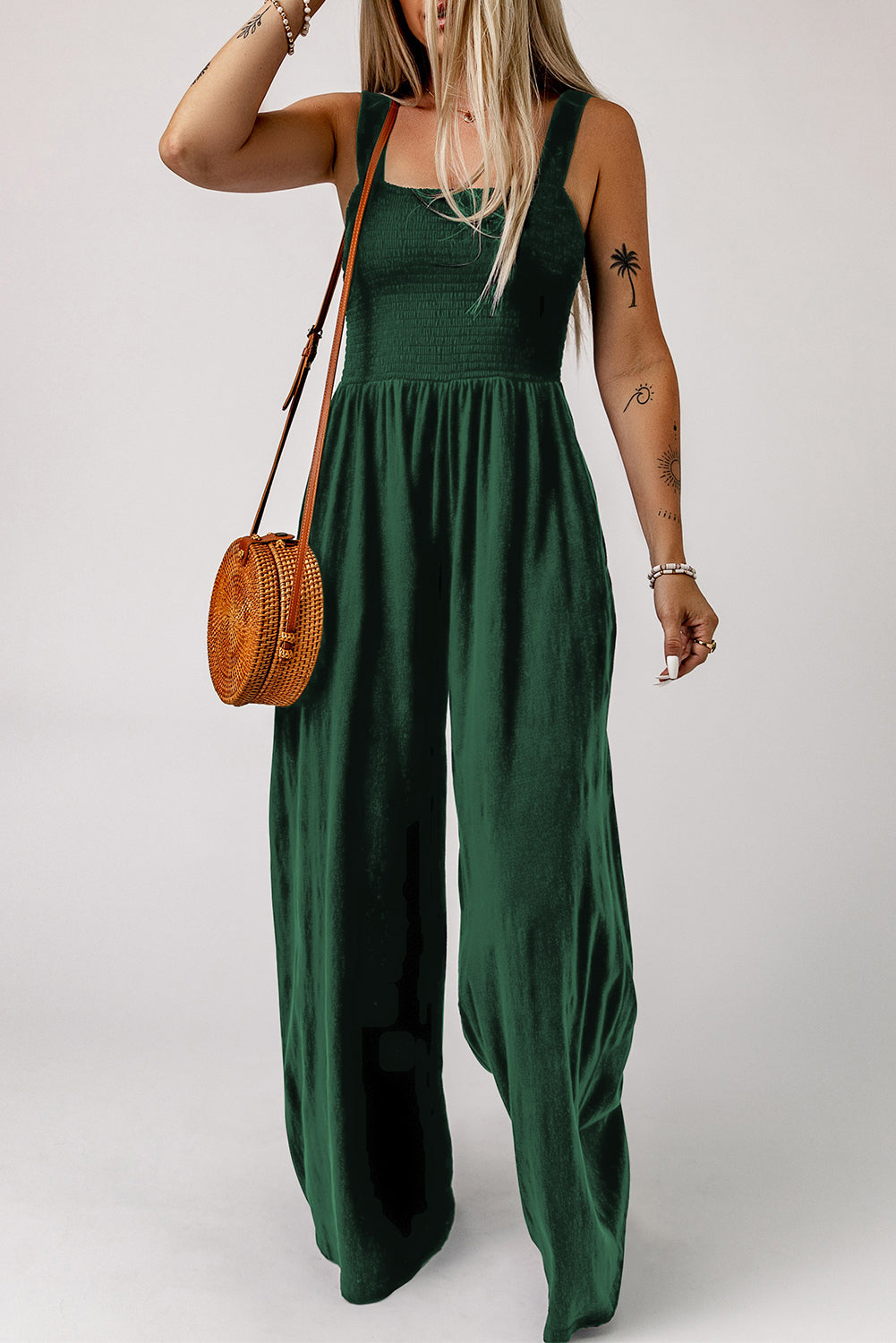 Casual Smocked Sleeveless Wide Leg Jumpsuit With Pockets