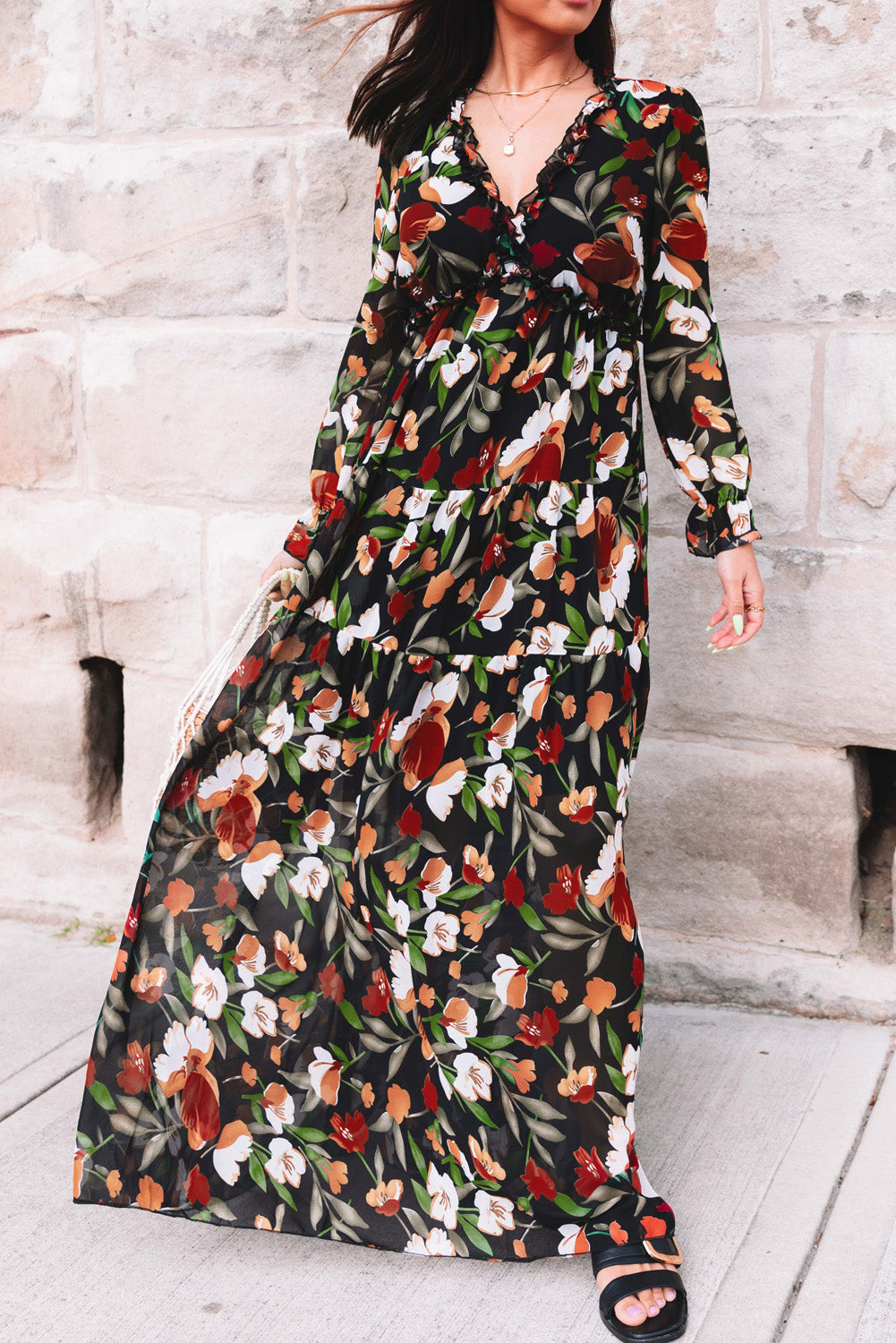 Pastel Red Floral Print Ruffle Trim Plunge Neckline Maxi Dress