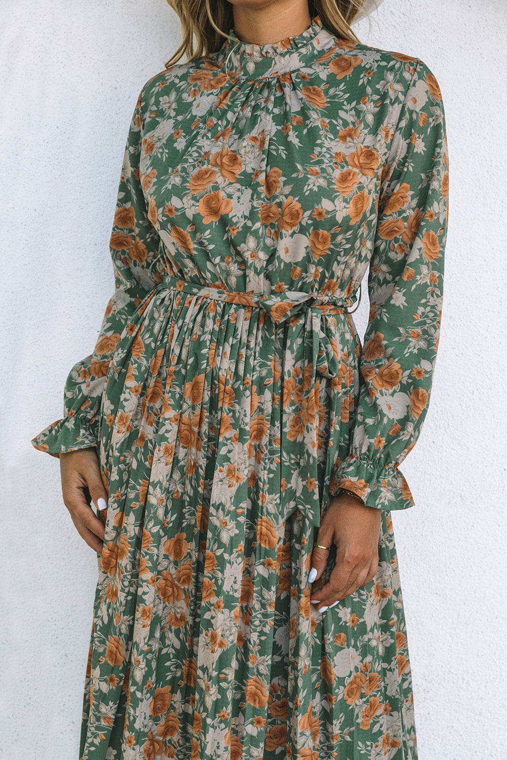 Frill Neck Boho Floral Print Pleated Belted Maxi Dress