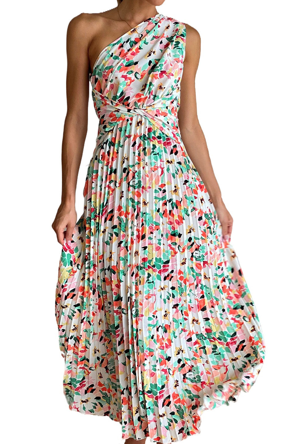 Boho Floral One-Shoulder Sleeveless Pleated Maxi Dress