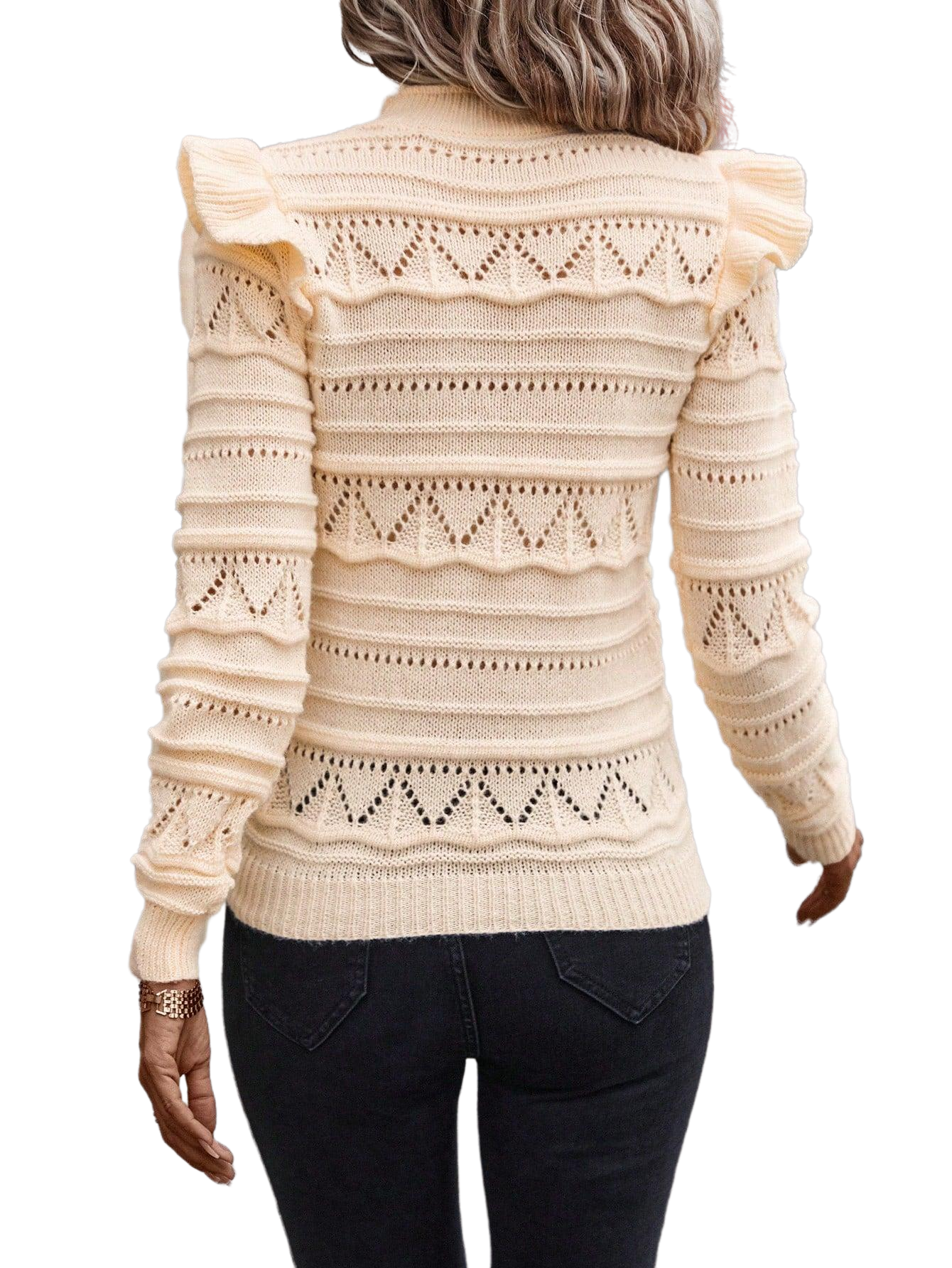 Solid Ruffle Trim Pointelle Knit Sweater