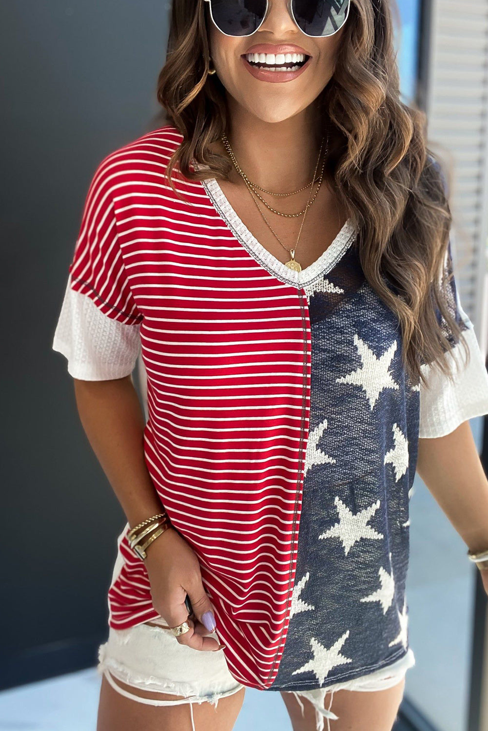 Multicolor Stripes Stars Print Knit Short Sleeve Top