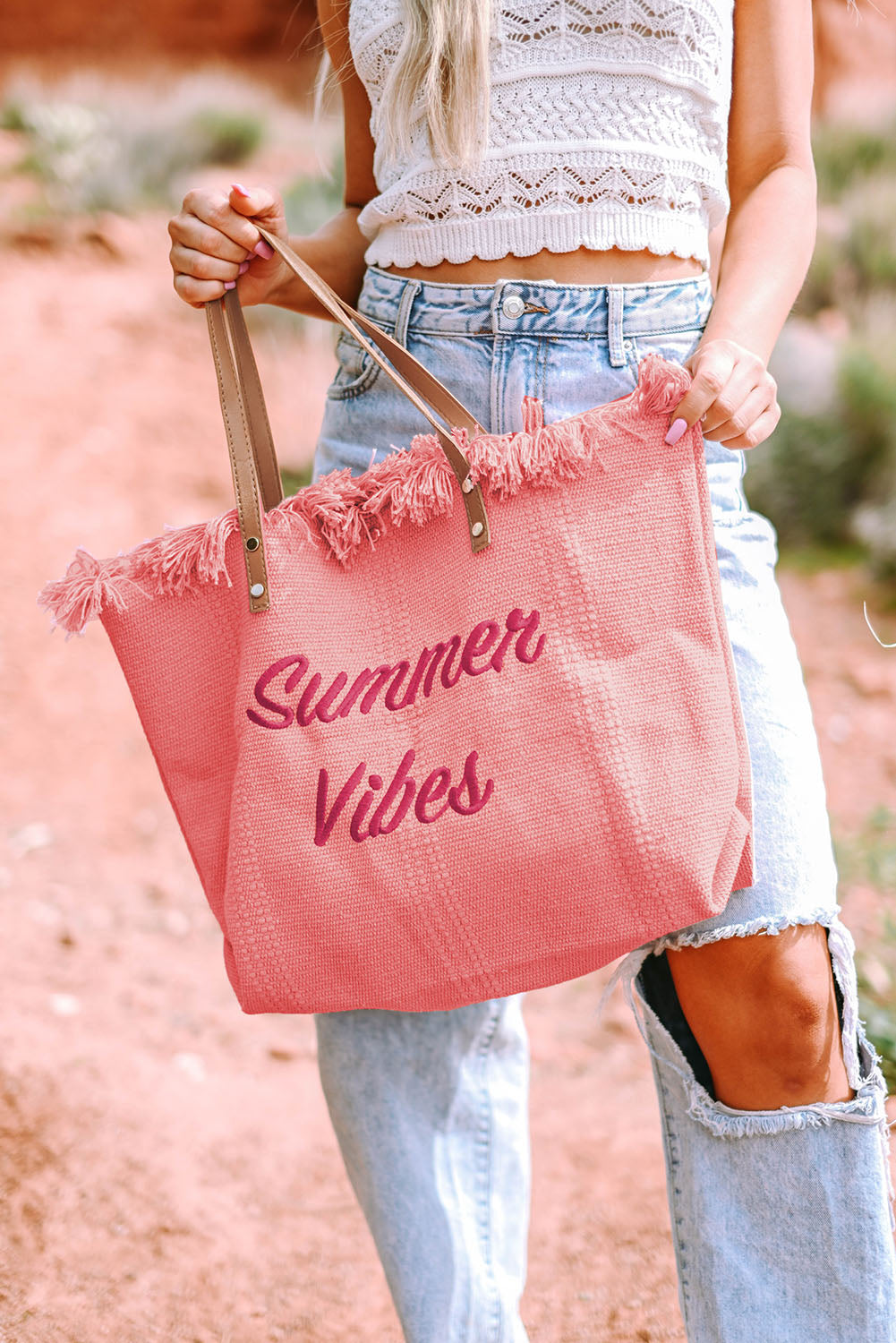 Summer Vibes Distressed Canvas Large Tote Bag