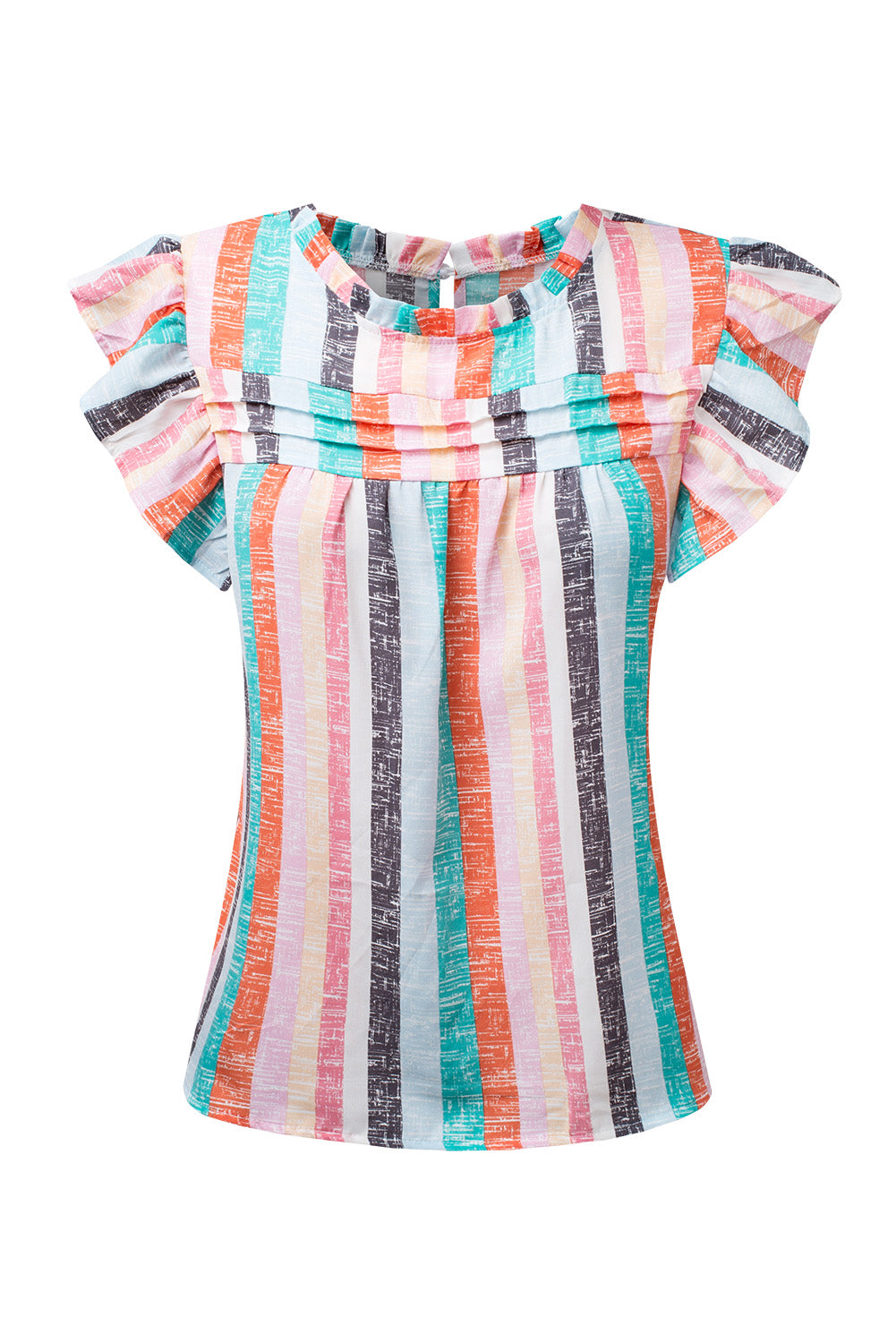 Multicolor Striped Color Block Frill Neck Ruffle Blouse
