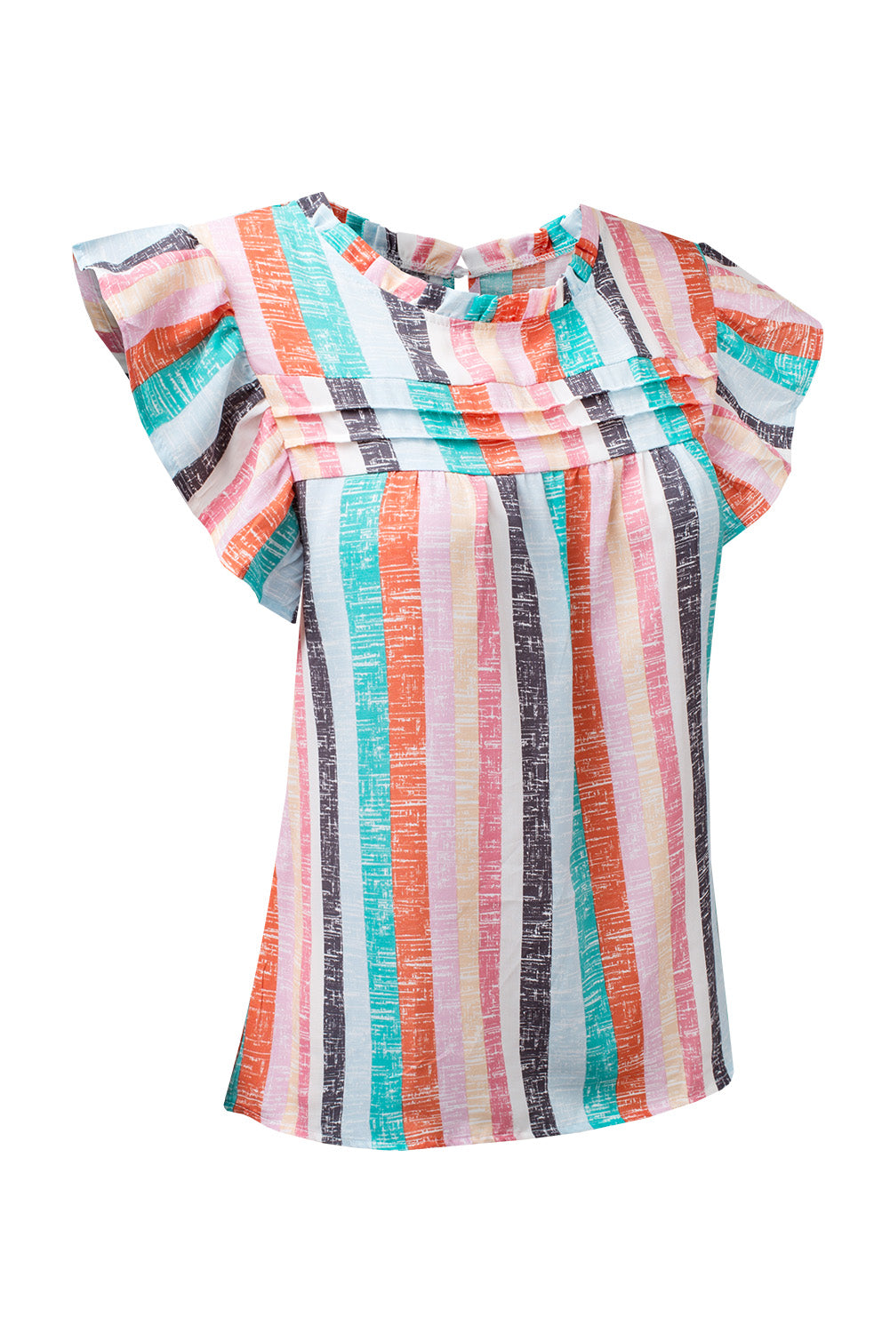 Multicolor Striped Color Block Frill Neck Ruffle Blouse