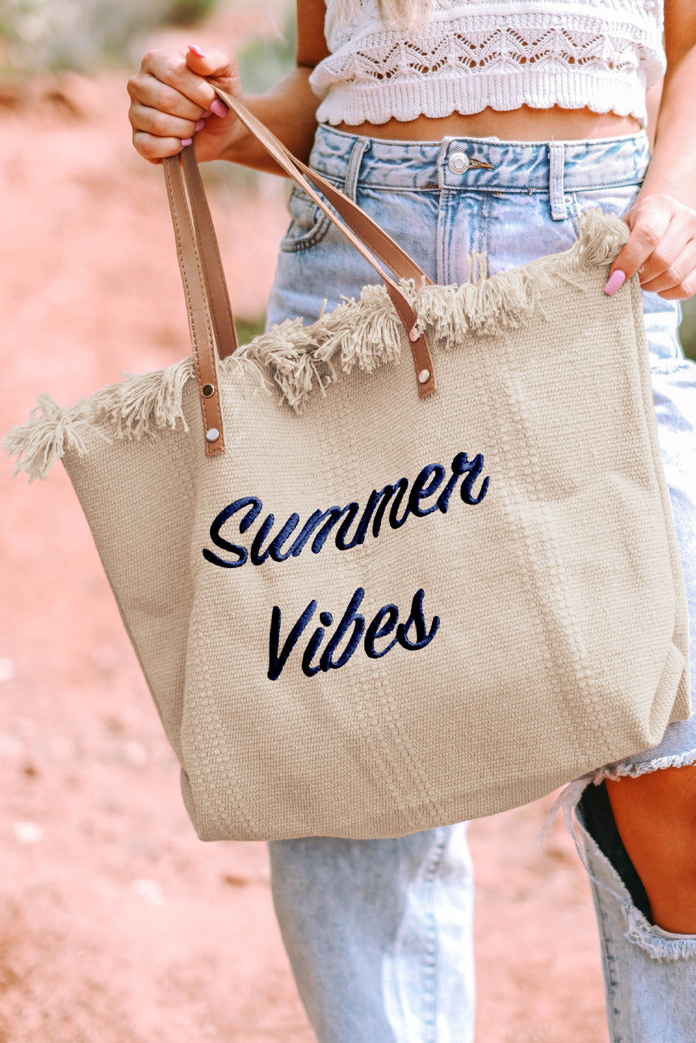 Summer Vibes Distressed Canvas Large Tote Bag