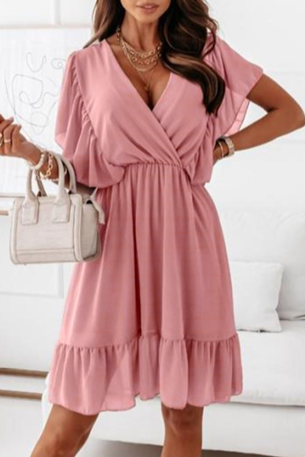 Faux Wrap V-Neck Ruffle Dress