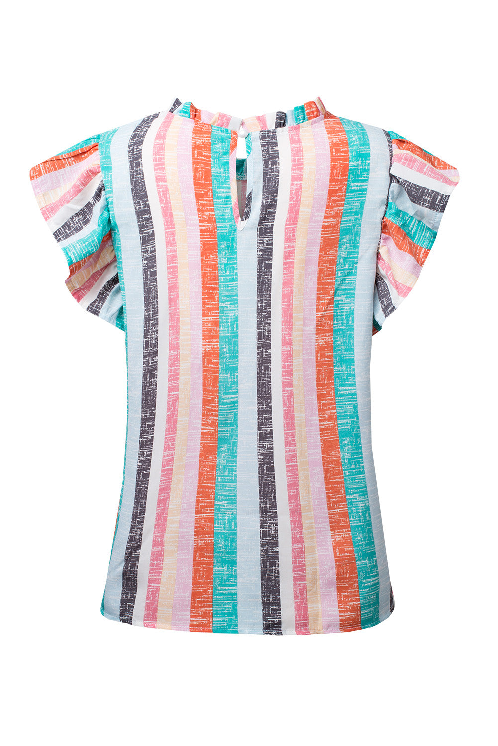 Multicolor Striped Color Block Frill Neck Ruffle Blouse