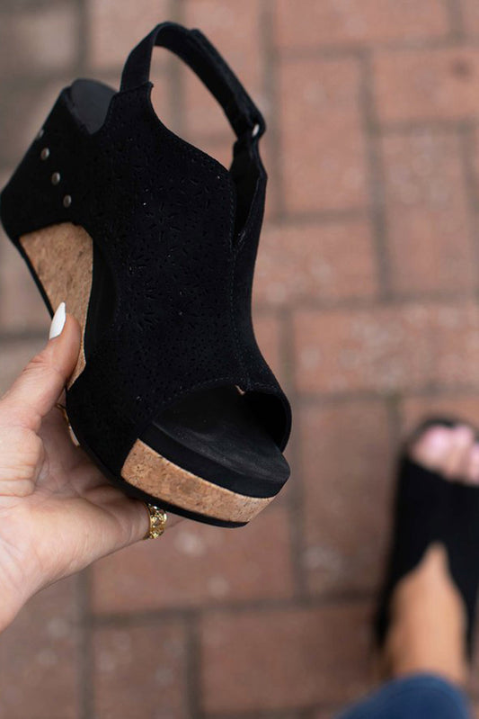 Leather Hollow Out Open Toe Wedge Sandals
