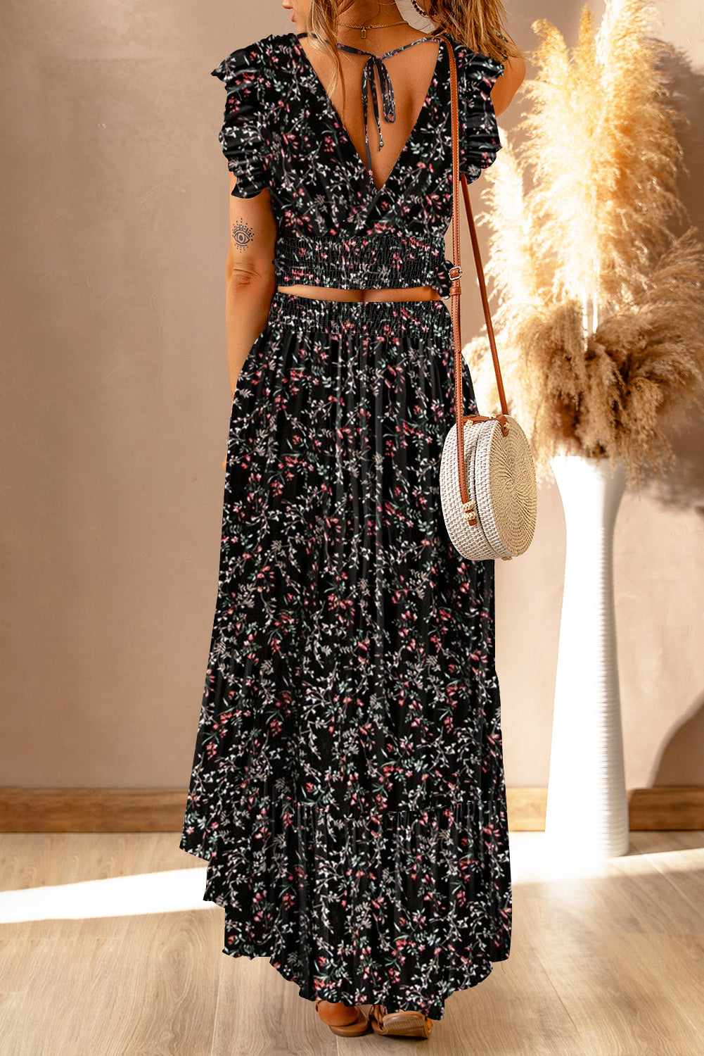 Ditsy Floral Print Ruffled Crop Top & Flounce Hem Maxi Skirt Set