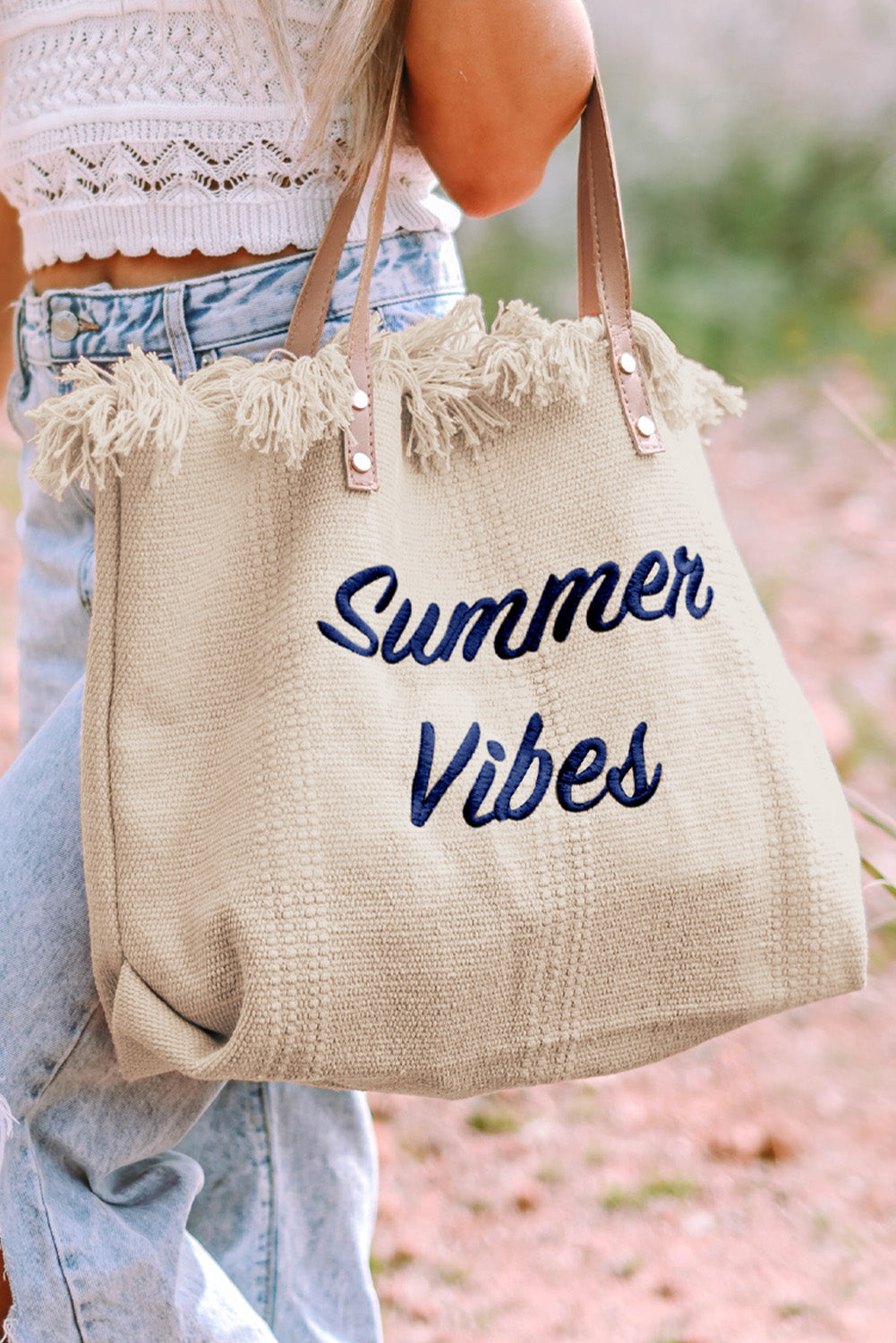 Summer Vibes Distressed Canvas Large Tote Bag