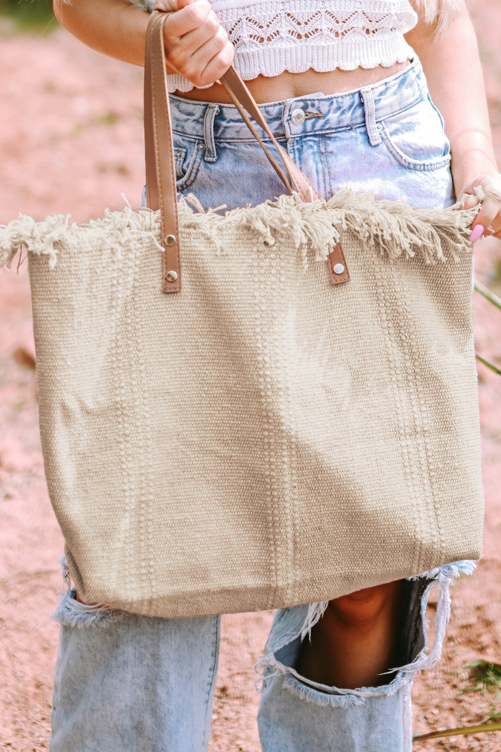 Summer Vibes Distressed Canvas Large Tote Bag