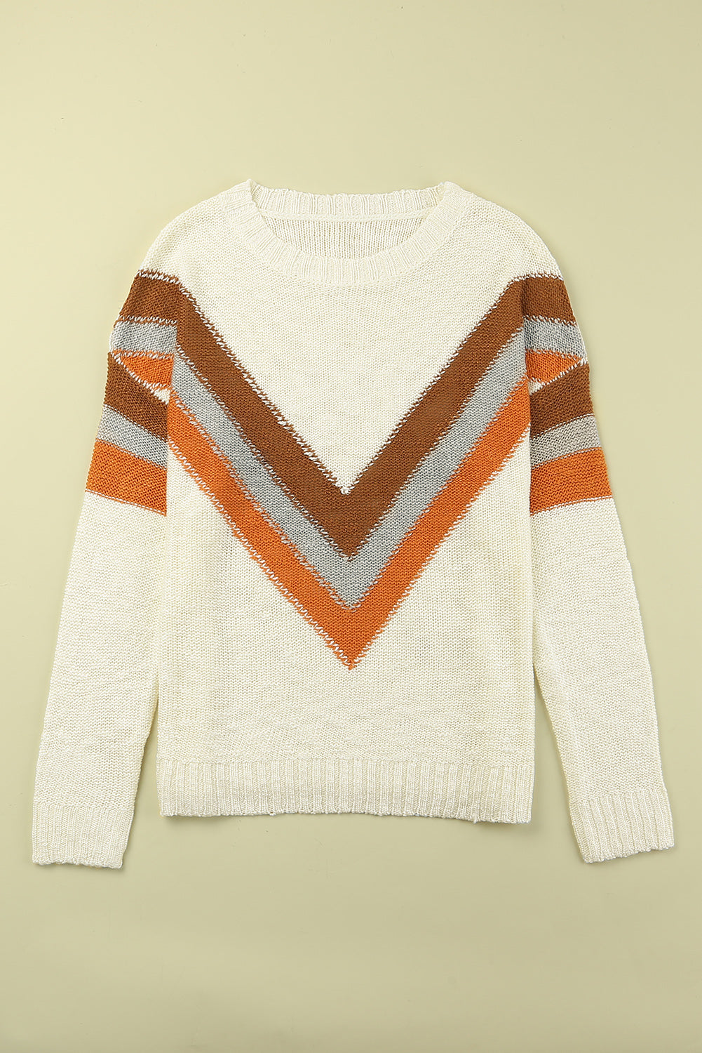 Beige Chevron Casual Drop Shoulder Knit Sweater