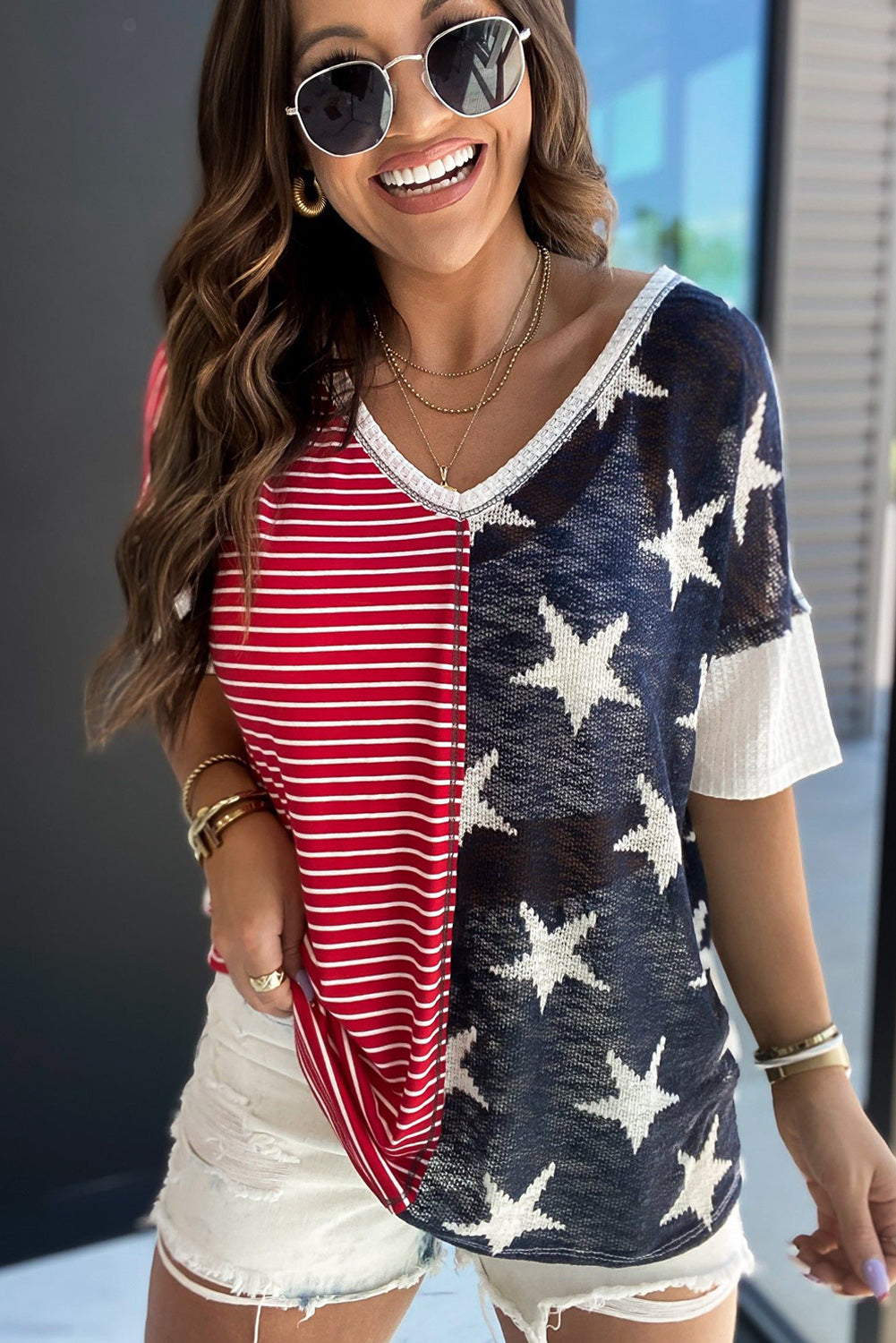 Multicolor Stripes Stars Print Knit Short Sleeve Top