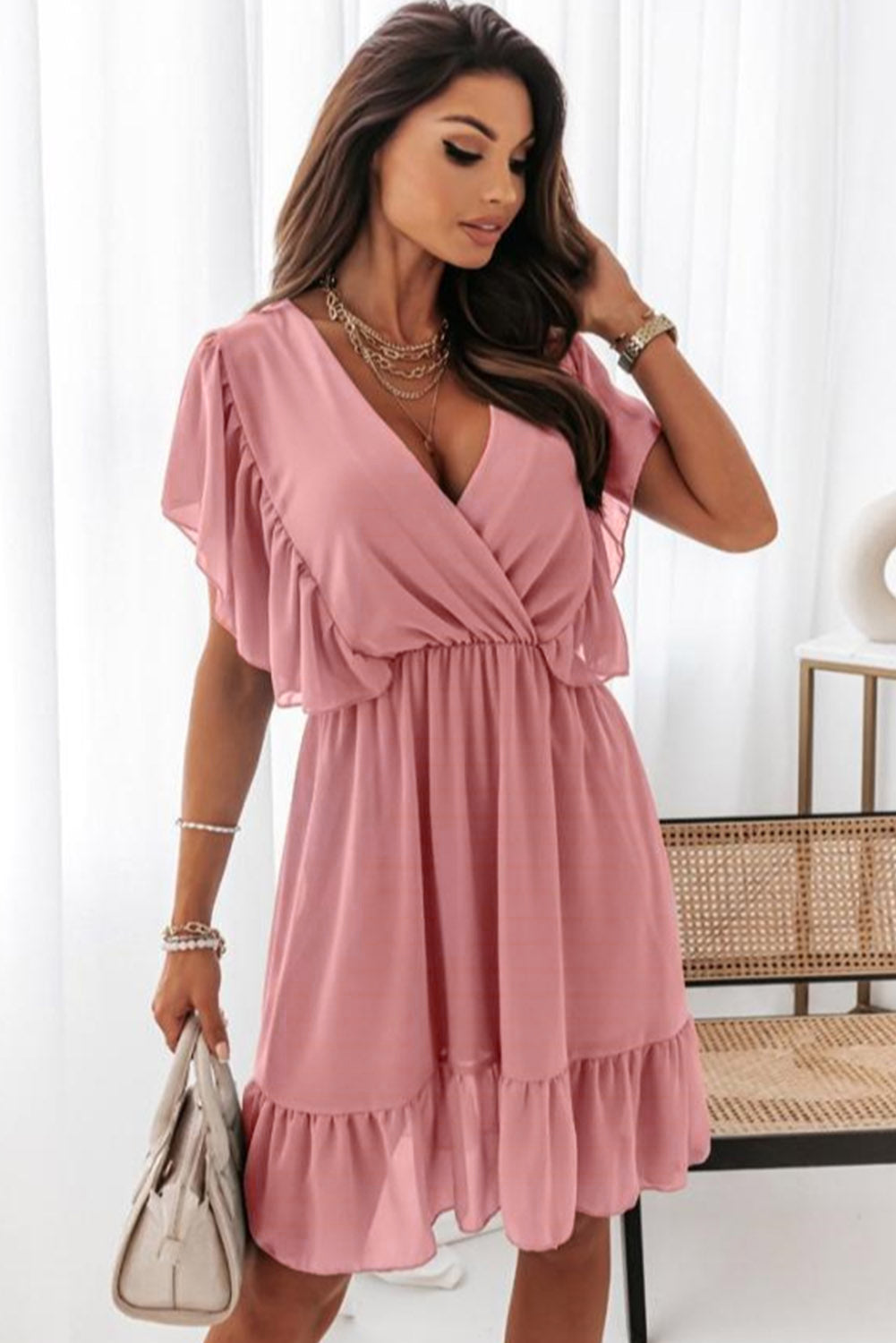 Faux Wrap V-Neck Ruffle Dress