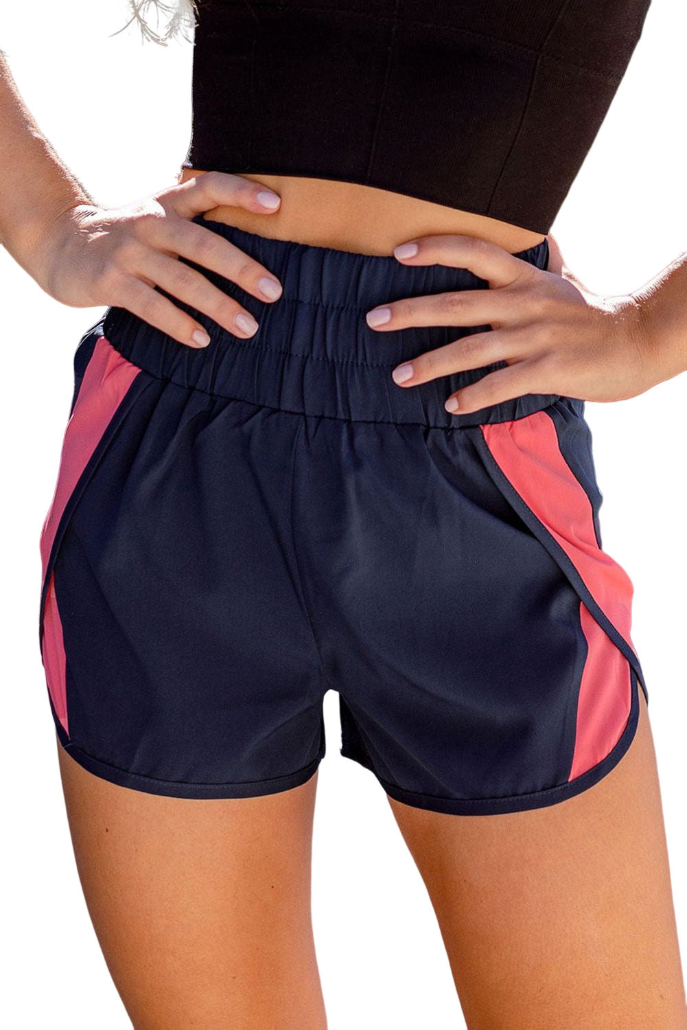 Dark Blue Casual Smocked Elastic Waist Athletic Shorts
