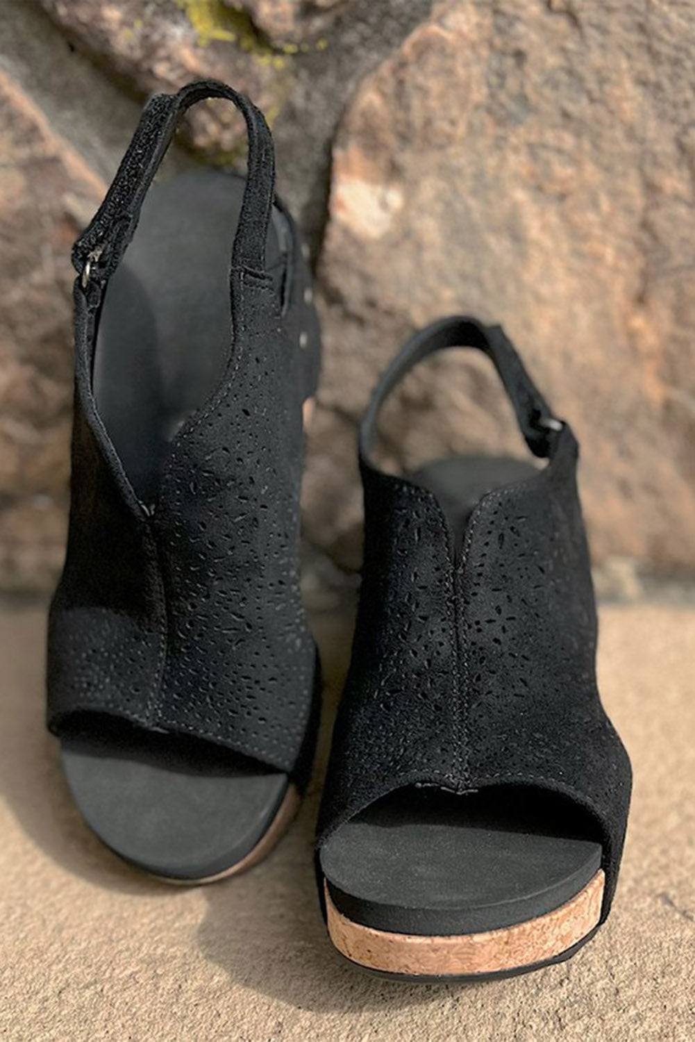 Leather Hollow Out Open Toe Wedge Sandals