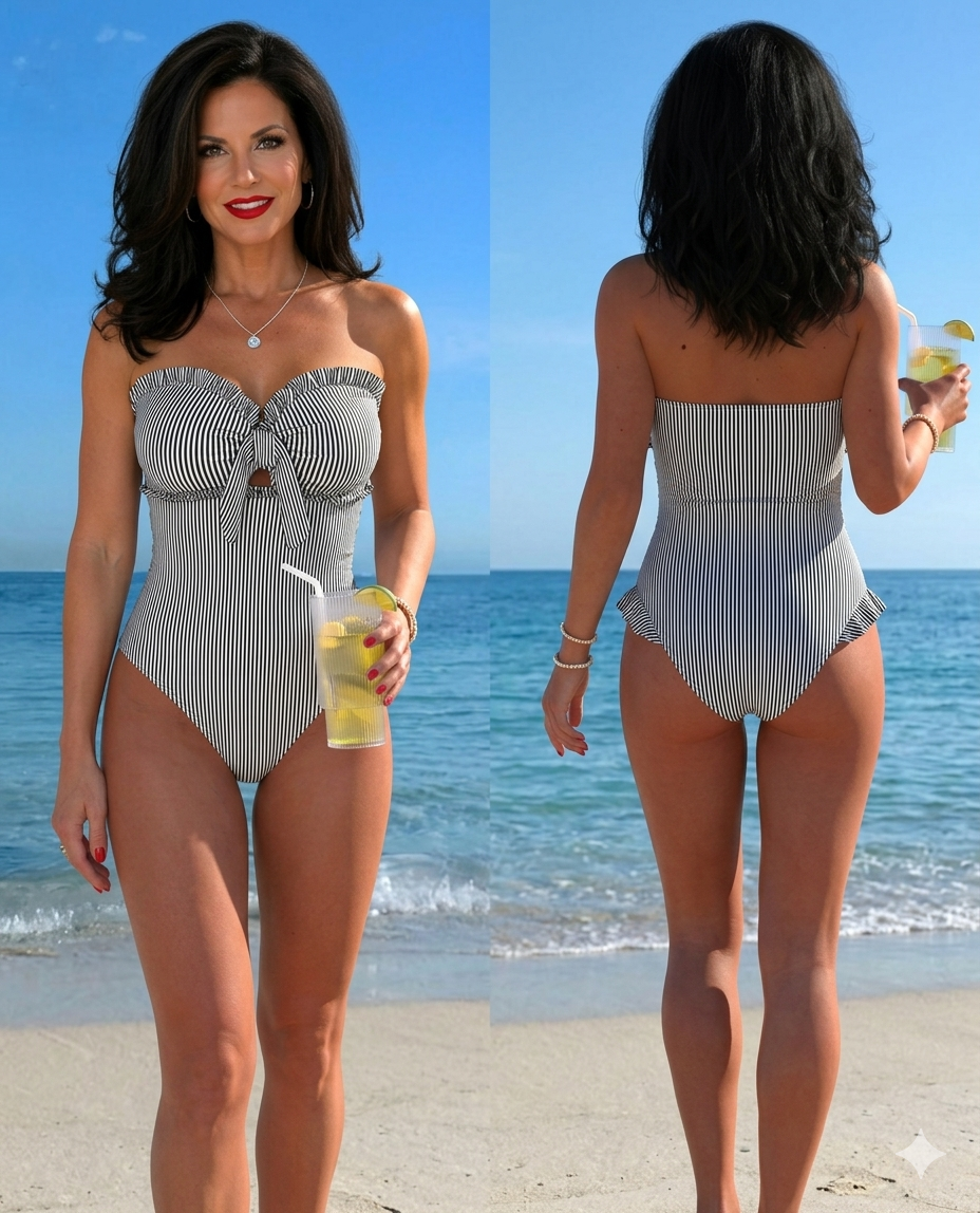 Sexy Elegant Striped Lace Ruffle Bust Bow Detachable Strap One-Piece Swimsuit For Beach, Pool Party, Vacation
