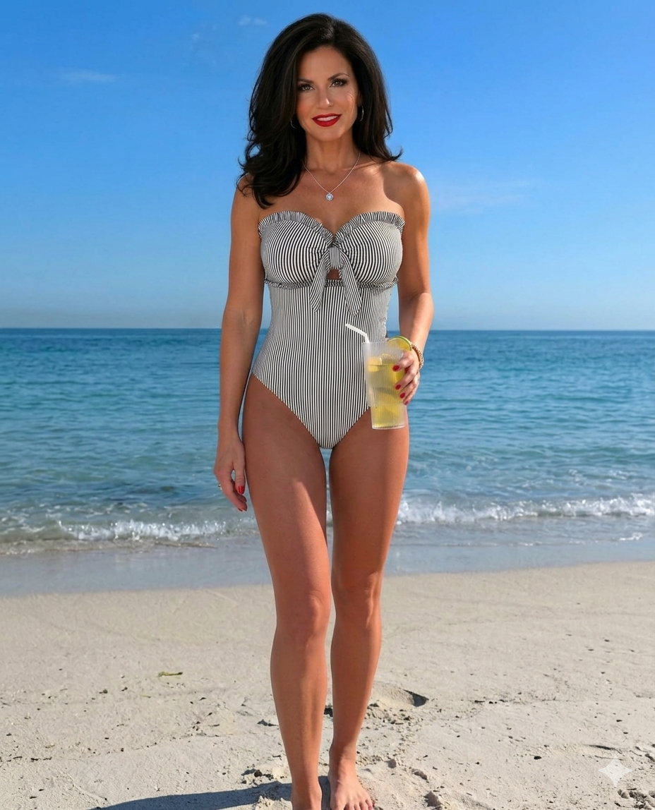 Sexy Elegant Striped Lace Ruffle Bust Bow Detachable Strap One-Piece Swimsuit For Beach, Pool Party, Vacation