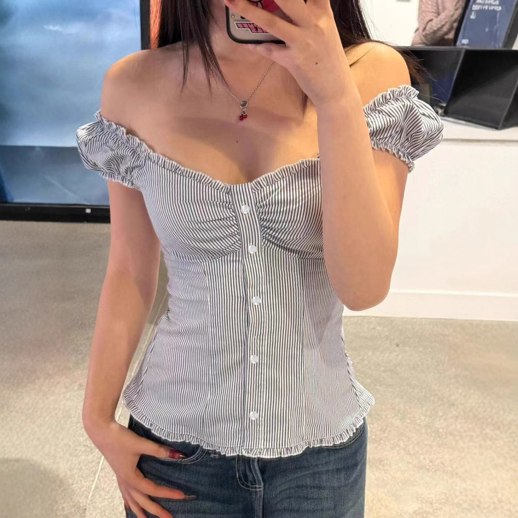 Girl Gentle V neck Ruffled Puff Sleeve Shirt BM Breasted Cinched Bodycon Short Sleeve Top