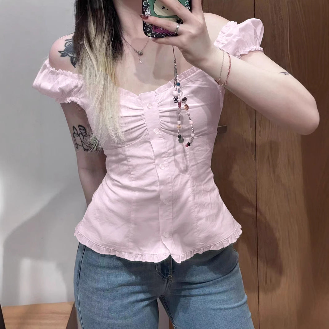 Girl Gentle V neck Ruffled Puff Sleeve Shirt BM Breasted Cinched Bodycon Short Sleeve Top