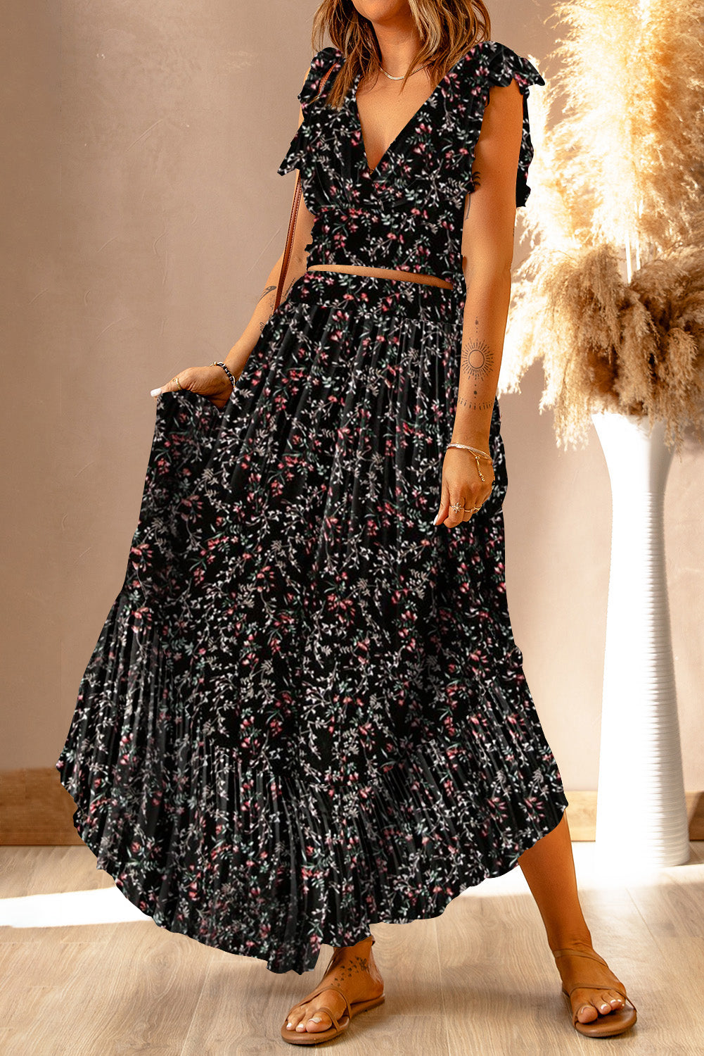 Ditsy Floral Print Ruffled Crop Top & Flounce Hem Maxi Skirt Set