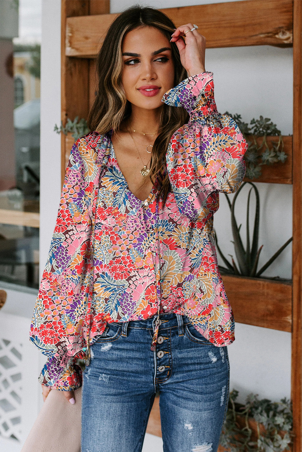 Pink Floral Print Bohemian Button Tie Front Blouse