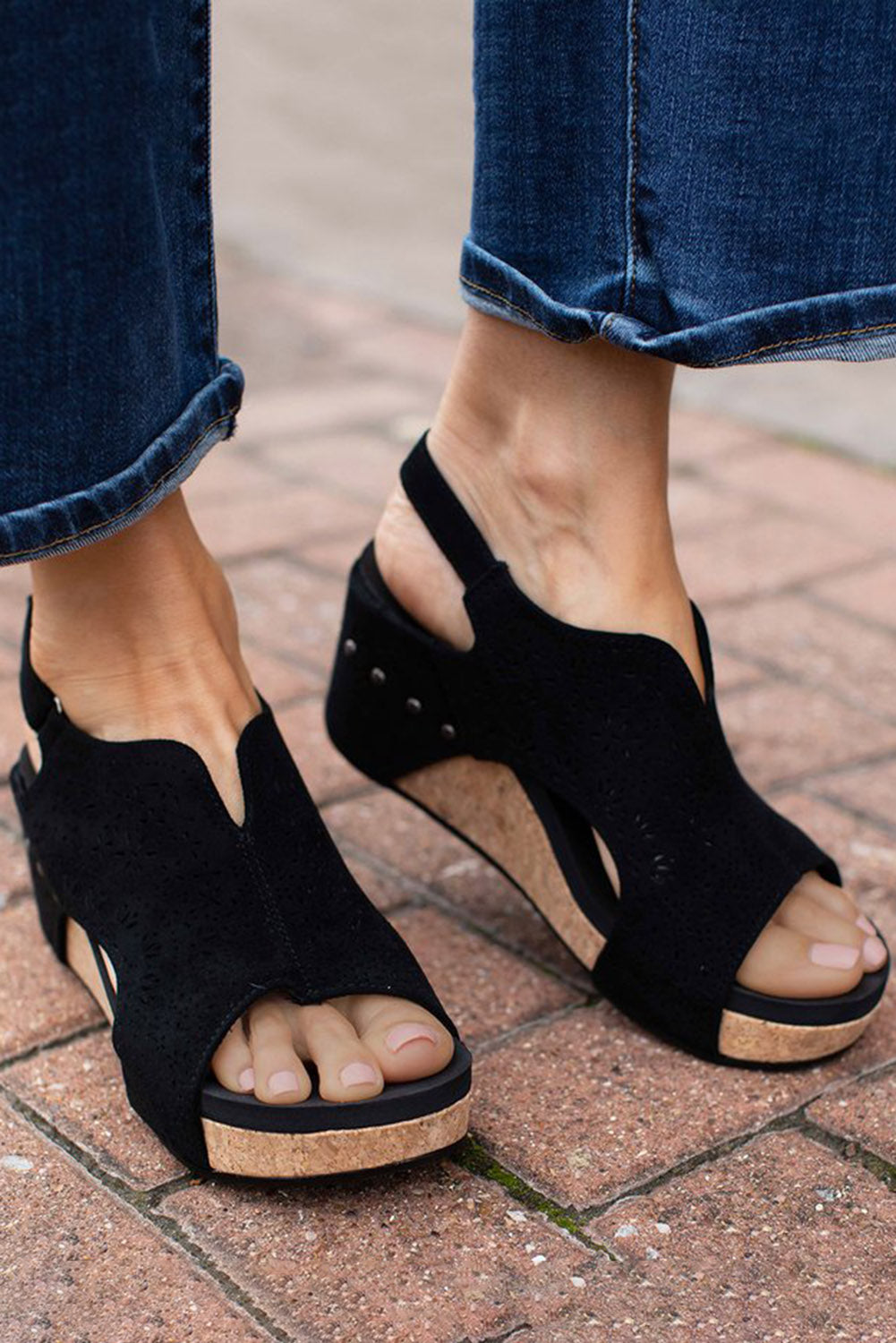 Leather Hollow Out Open Toe Wedge Sandals