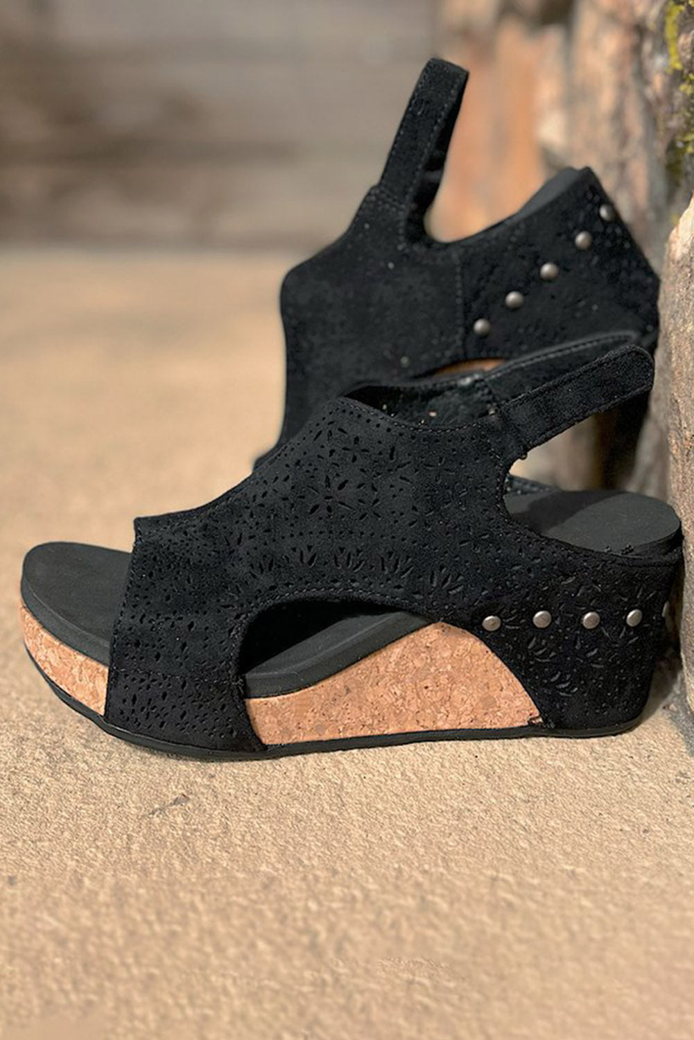 Leather Hollow Out Open Toe Wedge Sandals