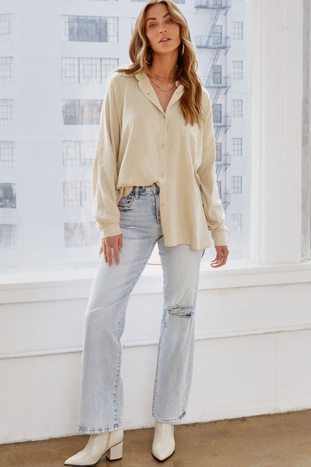 Solid Buttoned Chest Pocket High Low Loose Shirt