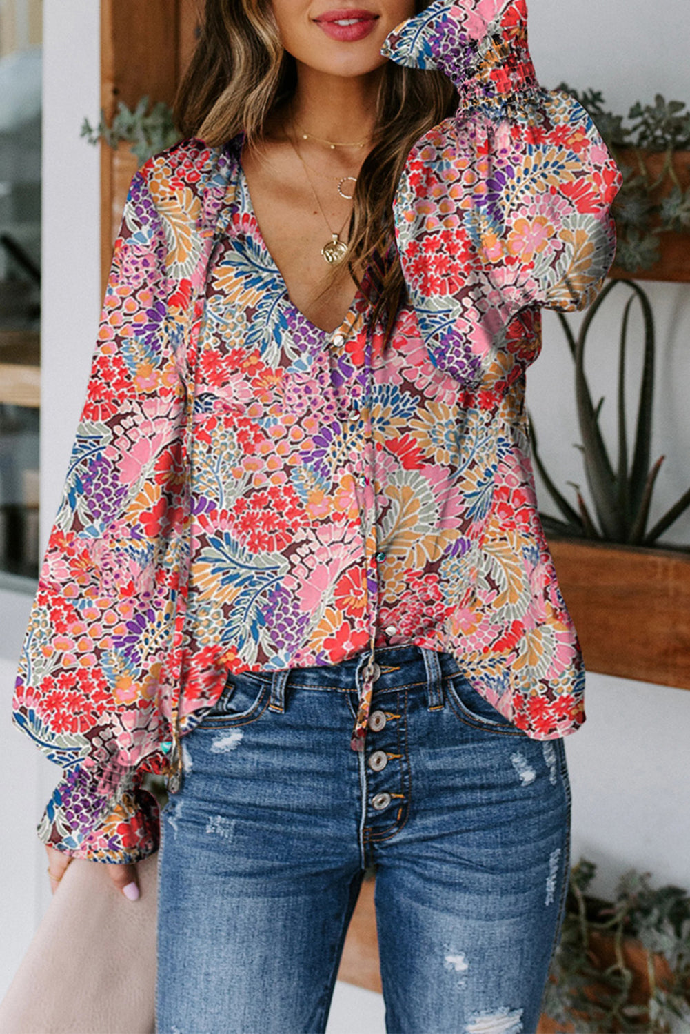 Pink Floral Print Bohemian Button Tie Front Blouse