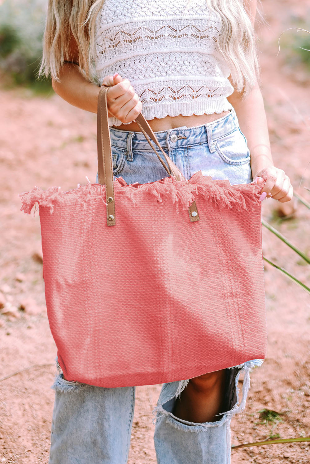 Summer Vibes Distressed Canvas Large Tote Bag