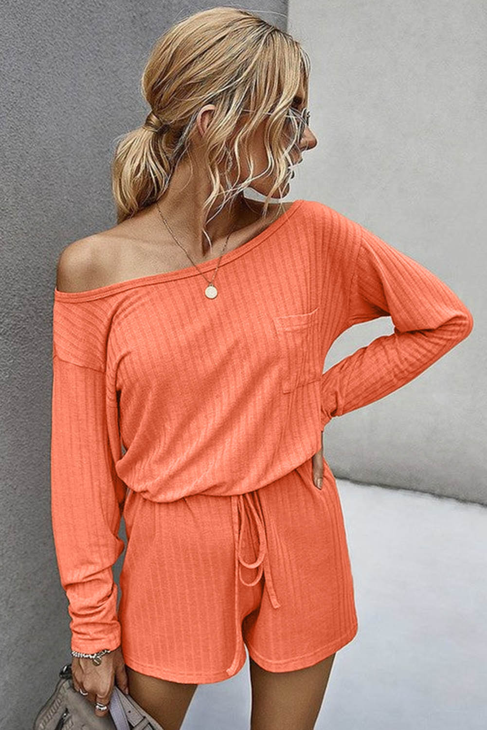 Ribbed Drawstring Waist Long Sleeve Romper