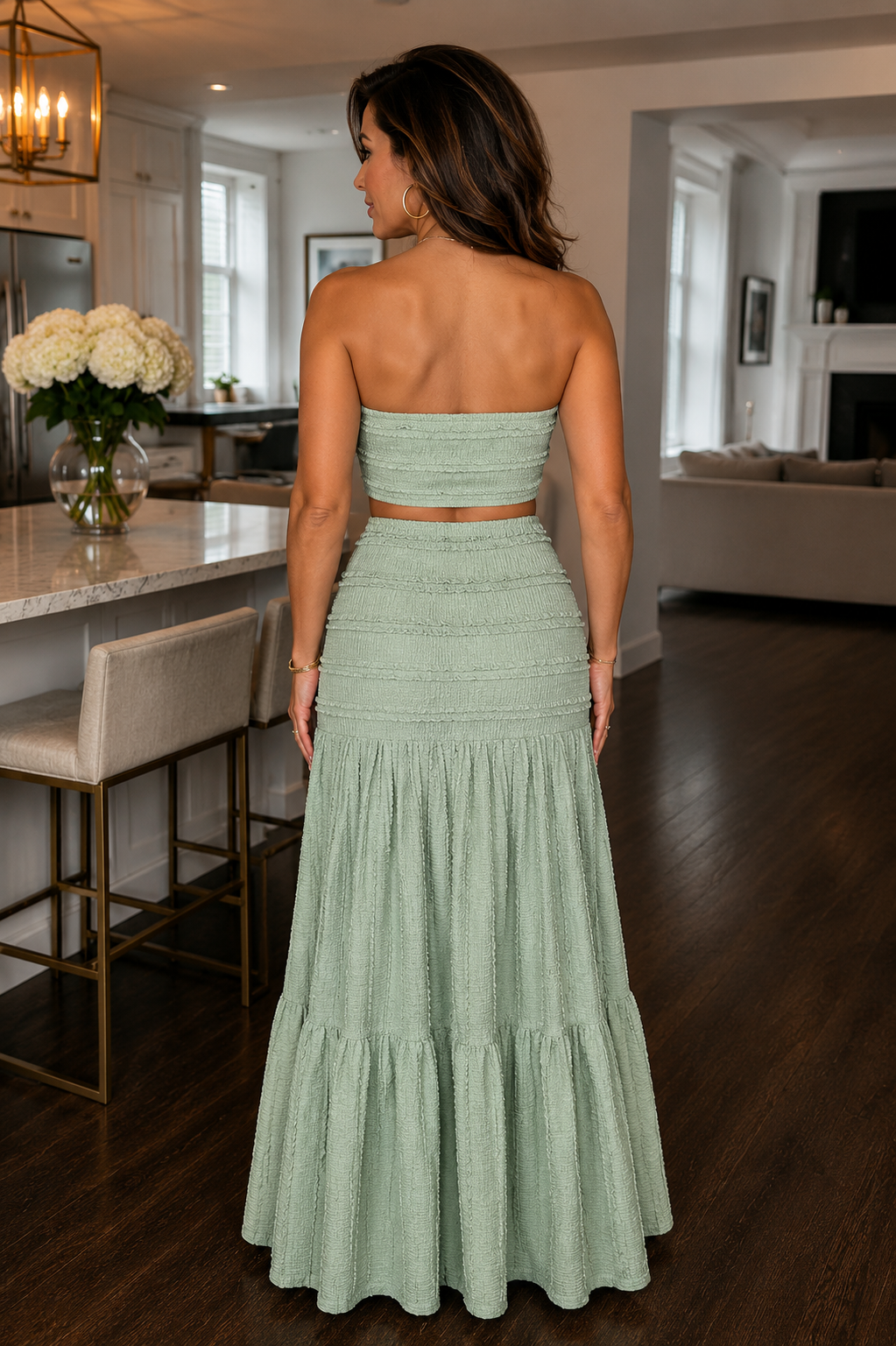 Elenzga Women's Green Knitted Jacquard Fabric Twist Front Cropped Top And Loose Skirt Set, Elegant And Stylish, Suitable For Birthday, Date, Party, Formal Occasion, Cocktail, Music Festival, Valentine's Day, Easter, Labor Day, Back To School Party, Singl