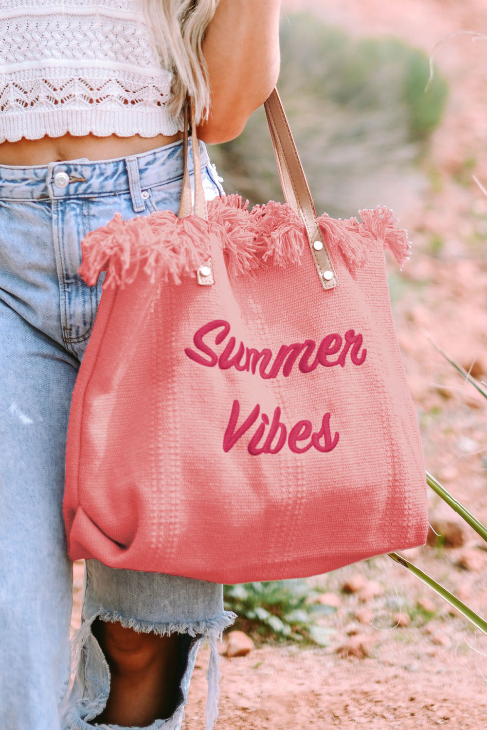 Summer Vibes Distressed Canvas Large Tote Bag