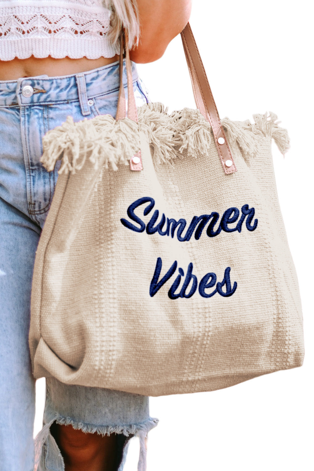 Summer Vibes Distressed Canvas Large Tote Bag