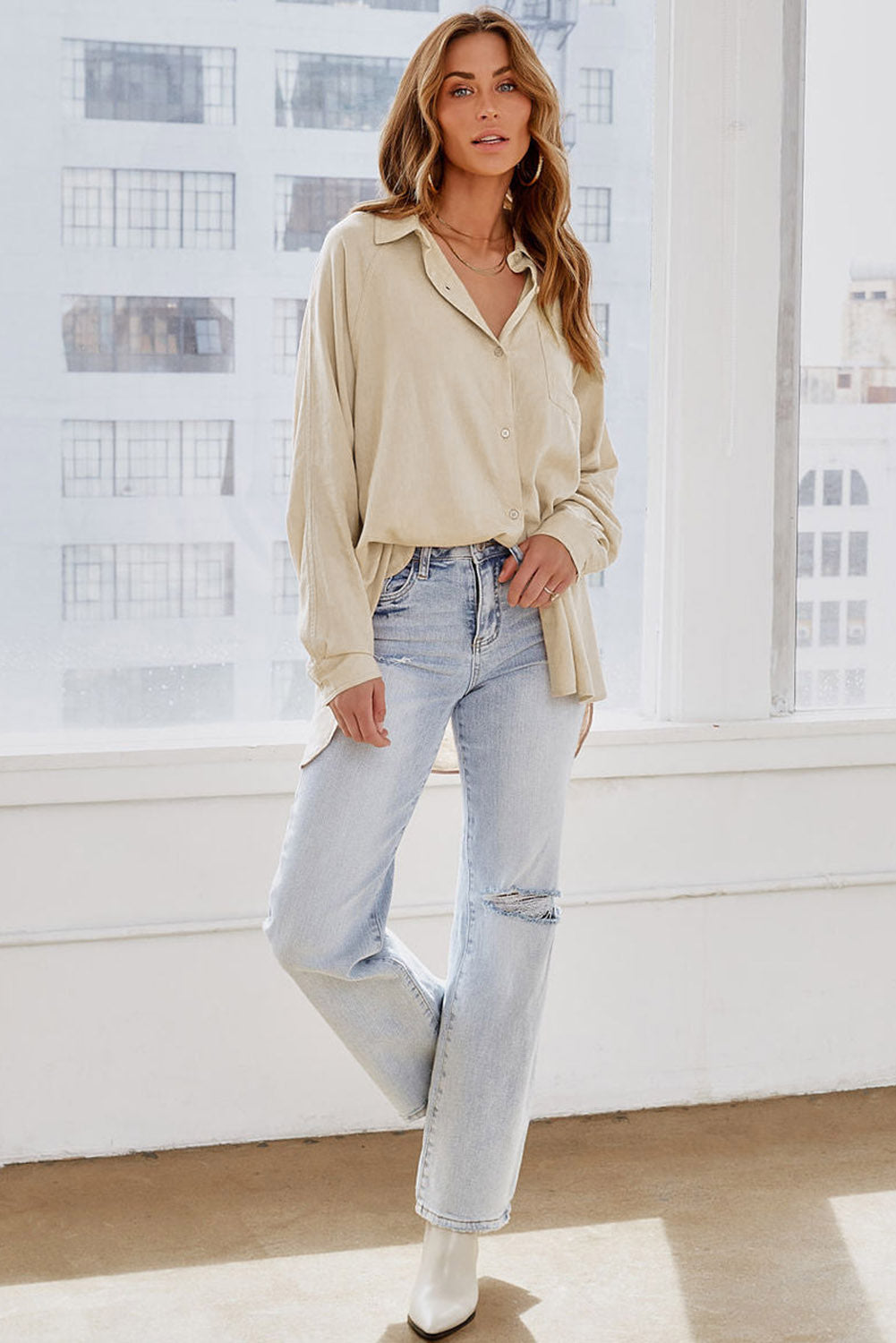 Solid Buttoned Chest Pocket High Low Loose Shirt