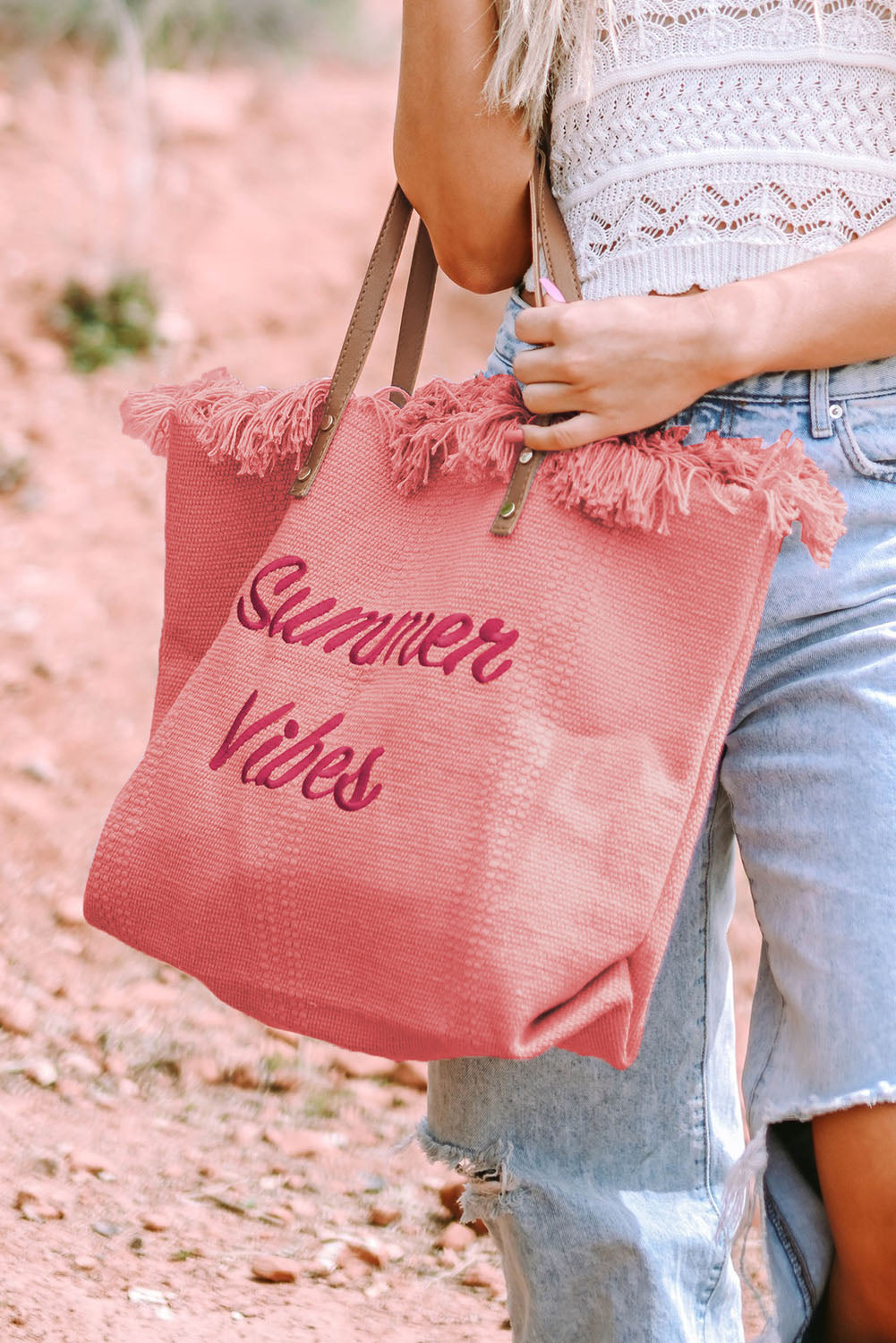 Summer Vibes Distressed Canvas Large Tote Bag