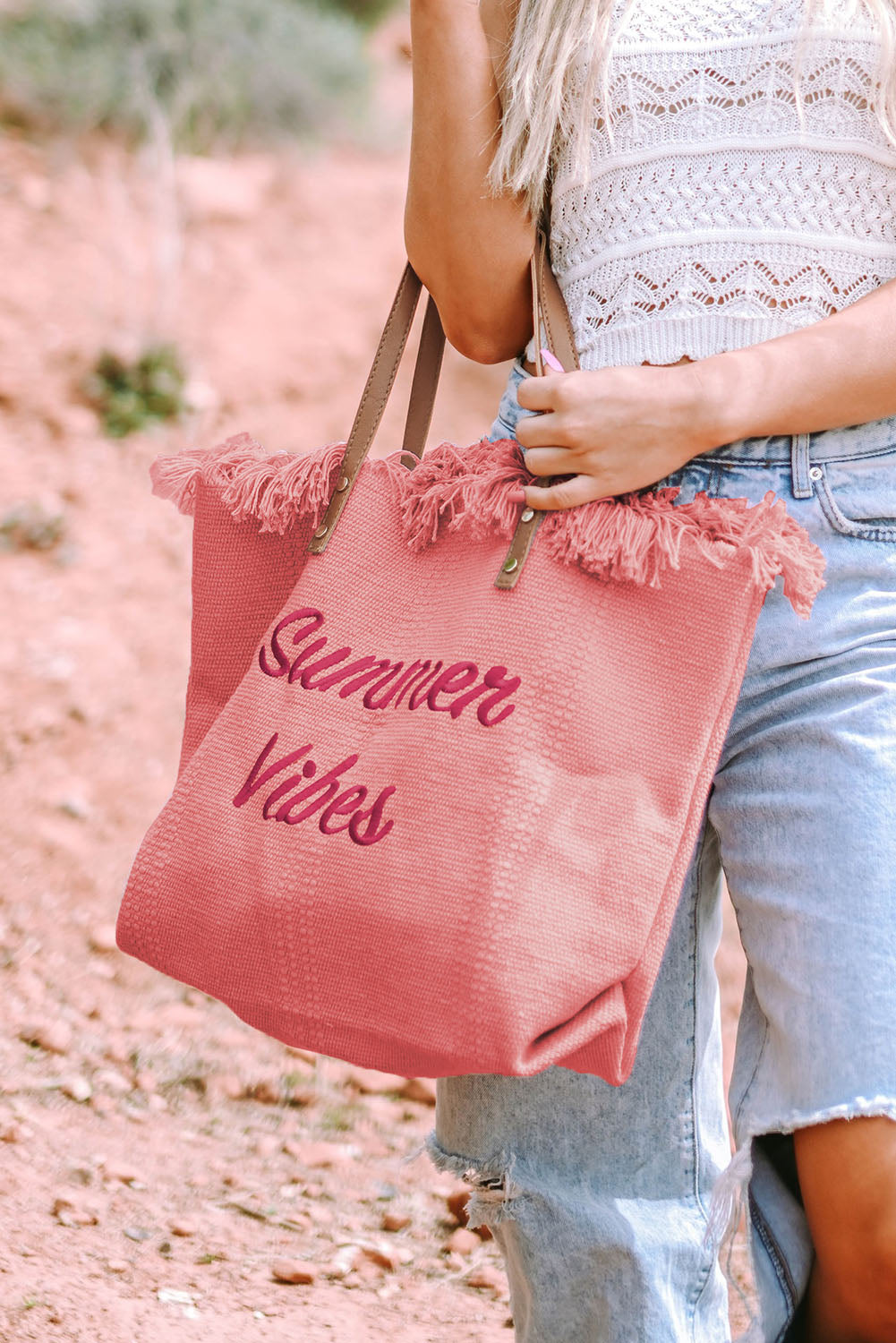 Summer Vibes Distressed Canvas Large Tote Bag