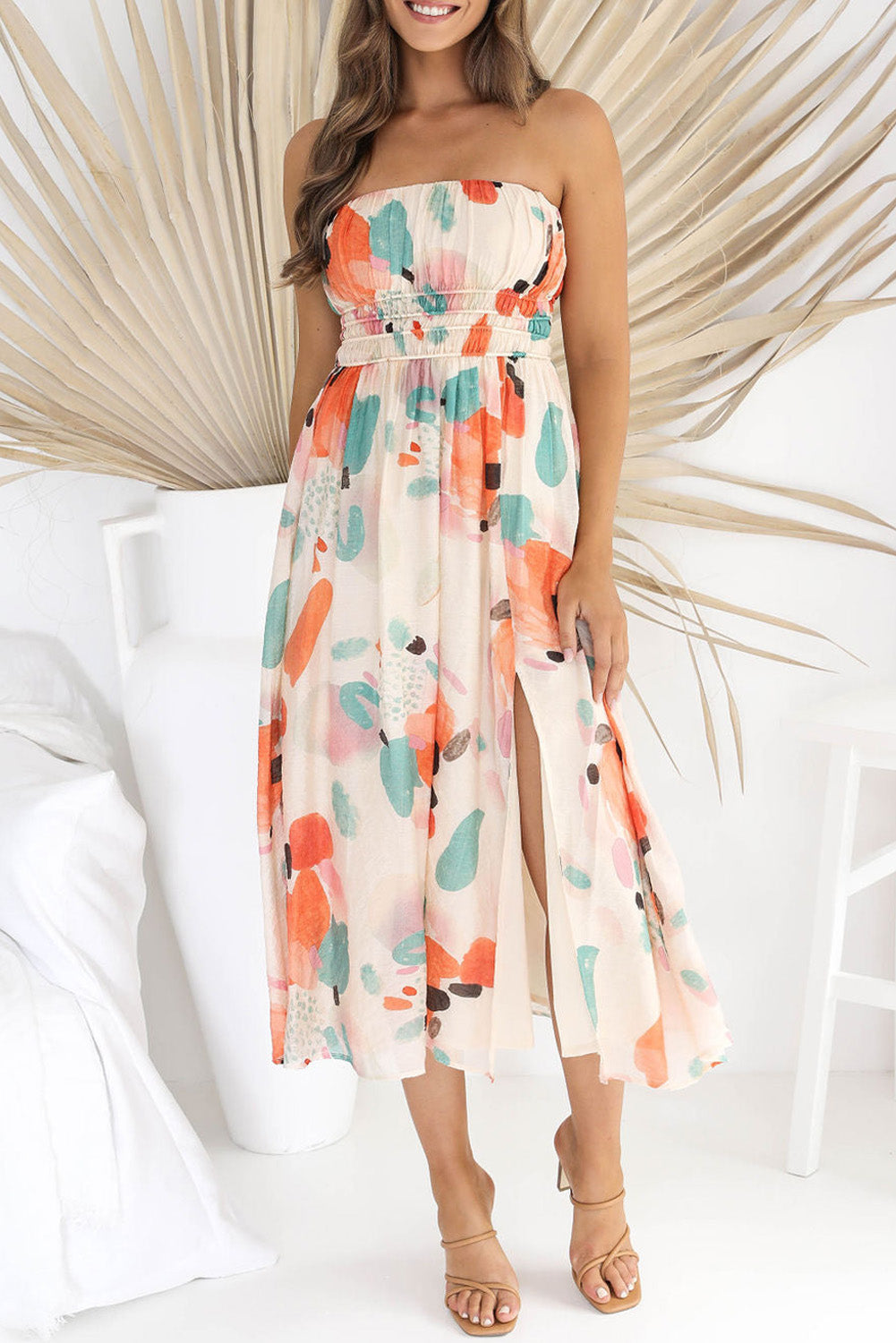 Strapless  Abstract Print Split Long Dress